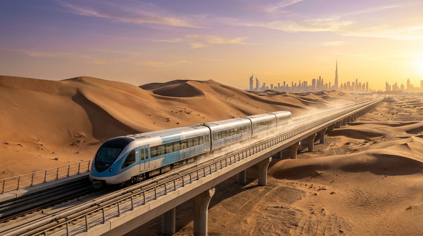 Com 1.200 km, Ferrovia atravessa o deserto e liga os sete emirados entre a Arábia Saudita e Fujairah, corta custos logísticos e prepara viagens entre Abu Dhabi e Dubai em menos de 50 minutos