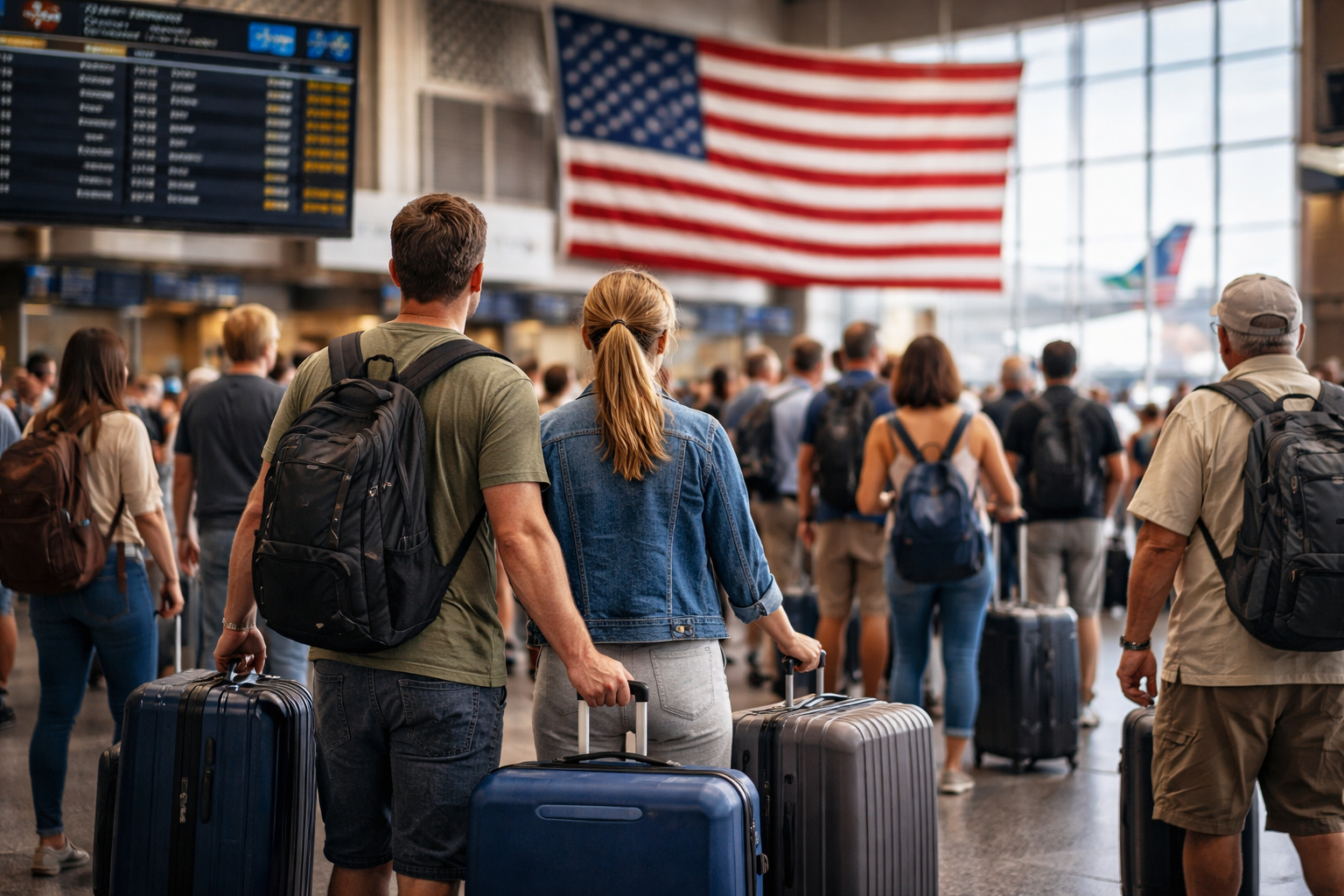 Grupo de americanos com malas em aeroporto internacional sob bandeira dos Estados Unidos, representando aumento da migração para o exterior em 2025
