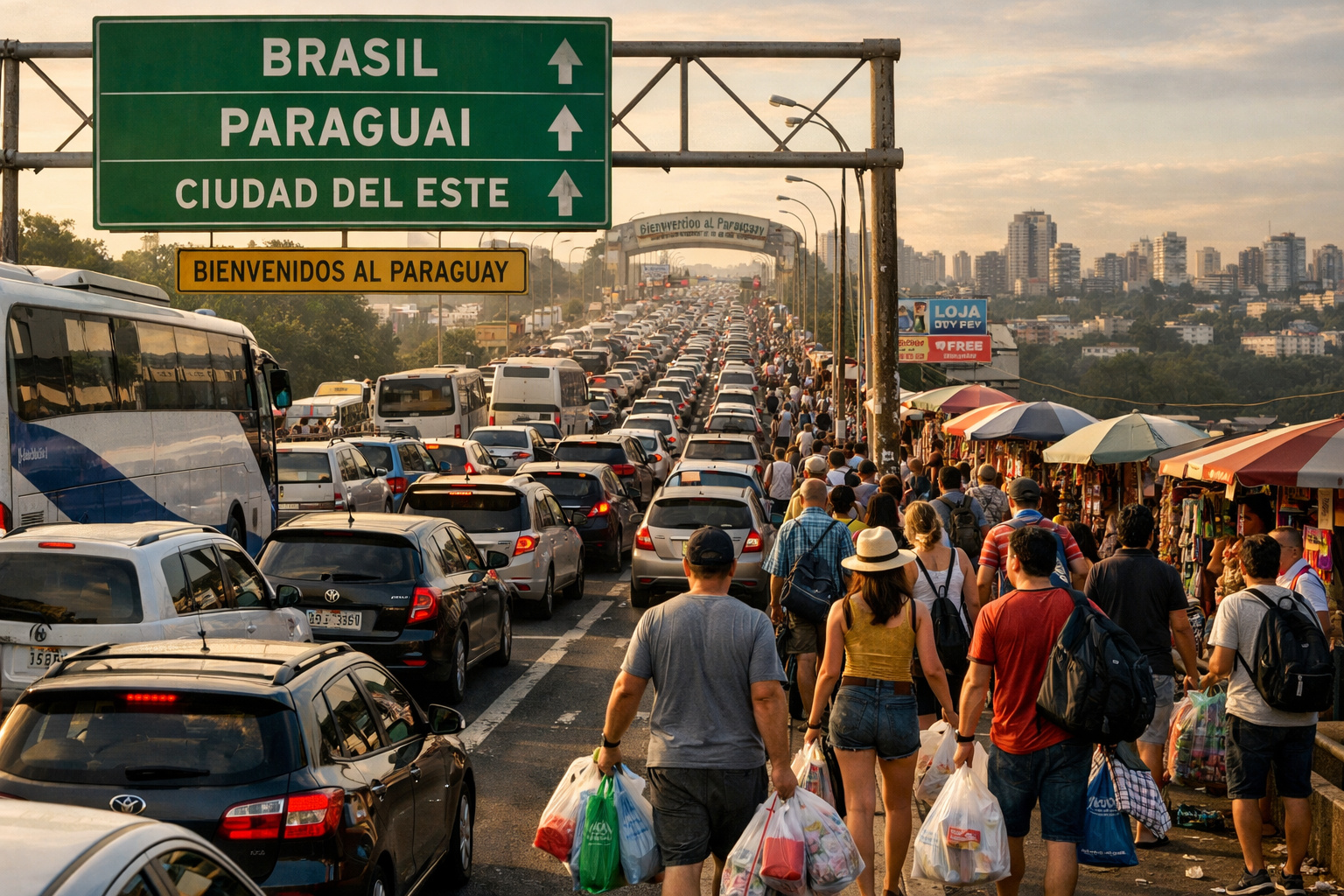 Fila de carros e turistas atravessando a Ponte da Amizade durante o feriadão de carnaval rumo ao comércio do Paraguai.