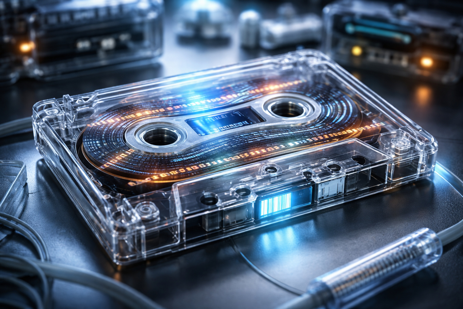 Fita cassete transparente com estrutura interna representando armazenamento de dados em DNA em ambiente de laboratório tecnológico.