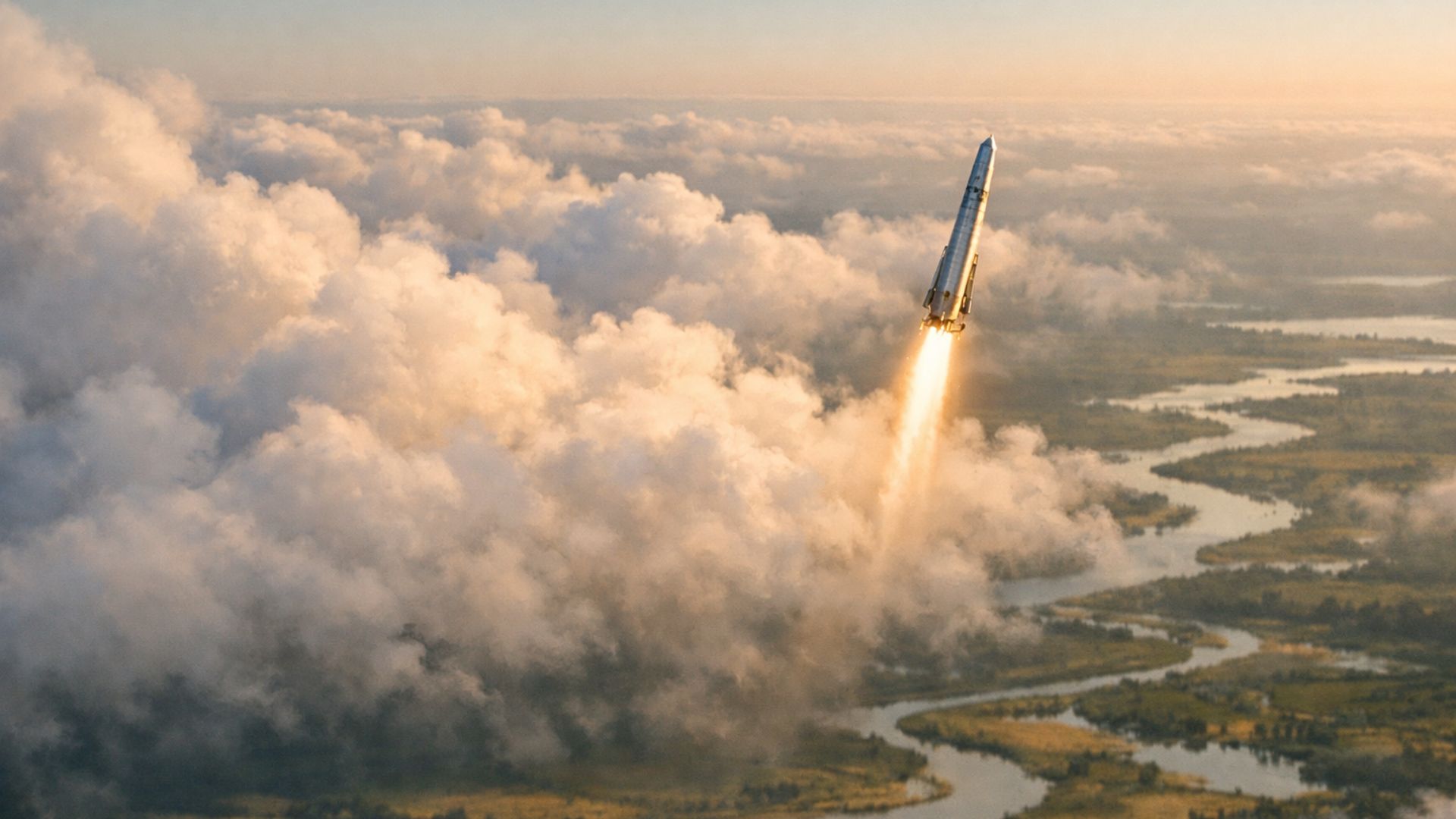 Ilustração de foguete brasileiro Montenegro MKI em base de lançamento desativada após cancelamento do projeto.