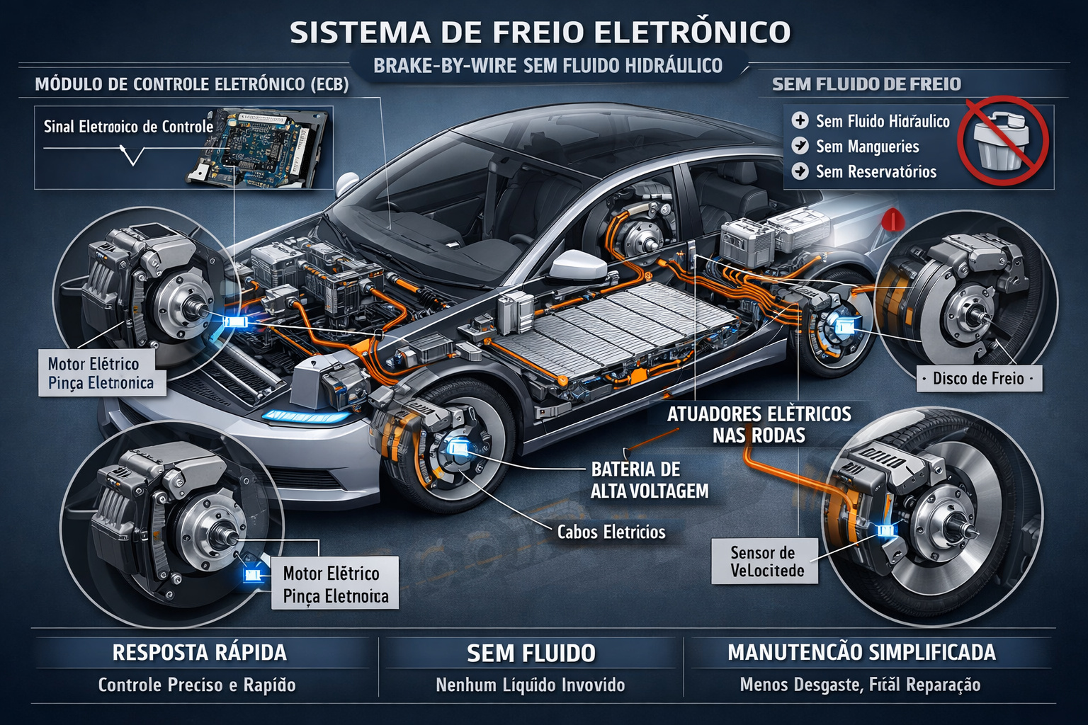 Ilustração técnica de freio eletrônico sem sistema hidráulico
