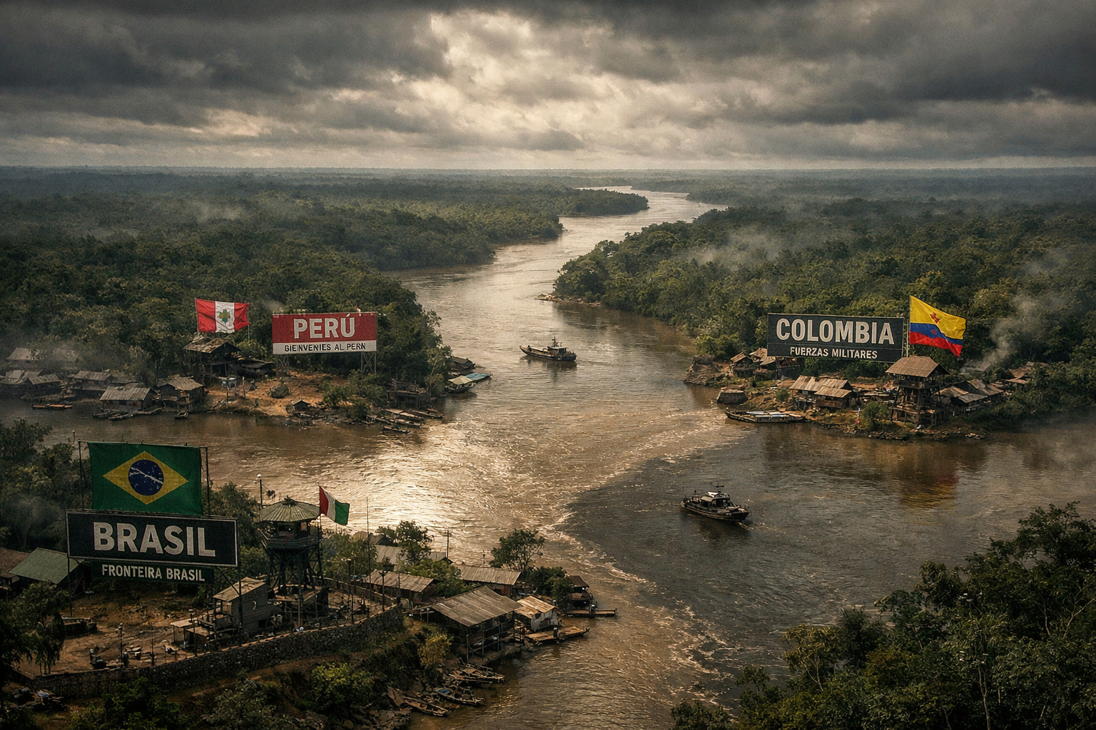 Fronteira entre Brasil e Peru na Amazônia com rios e floresta, cenário de tensão geopolítica, pedidos de anexação e riscos à segurança regional.