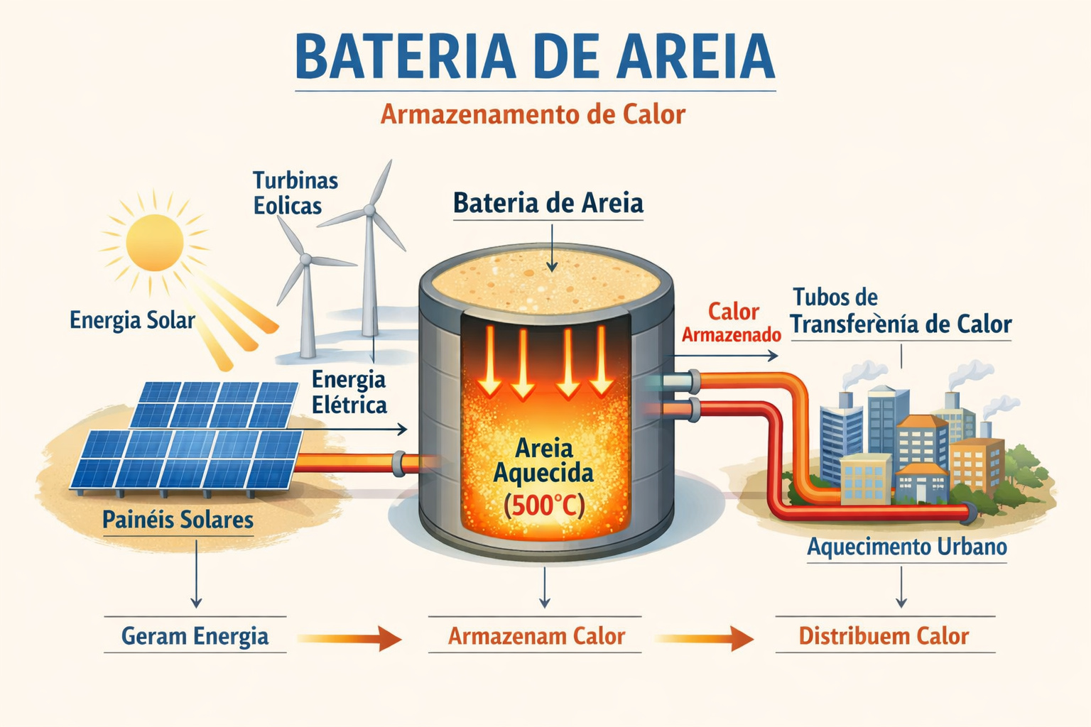 Funcionamento da bateria de areia com energia solar e eólica