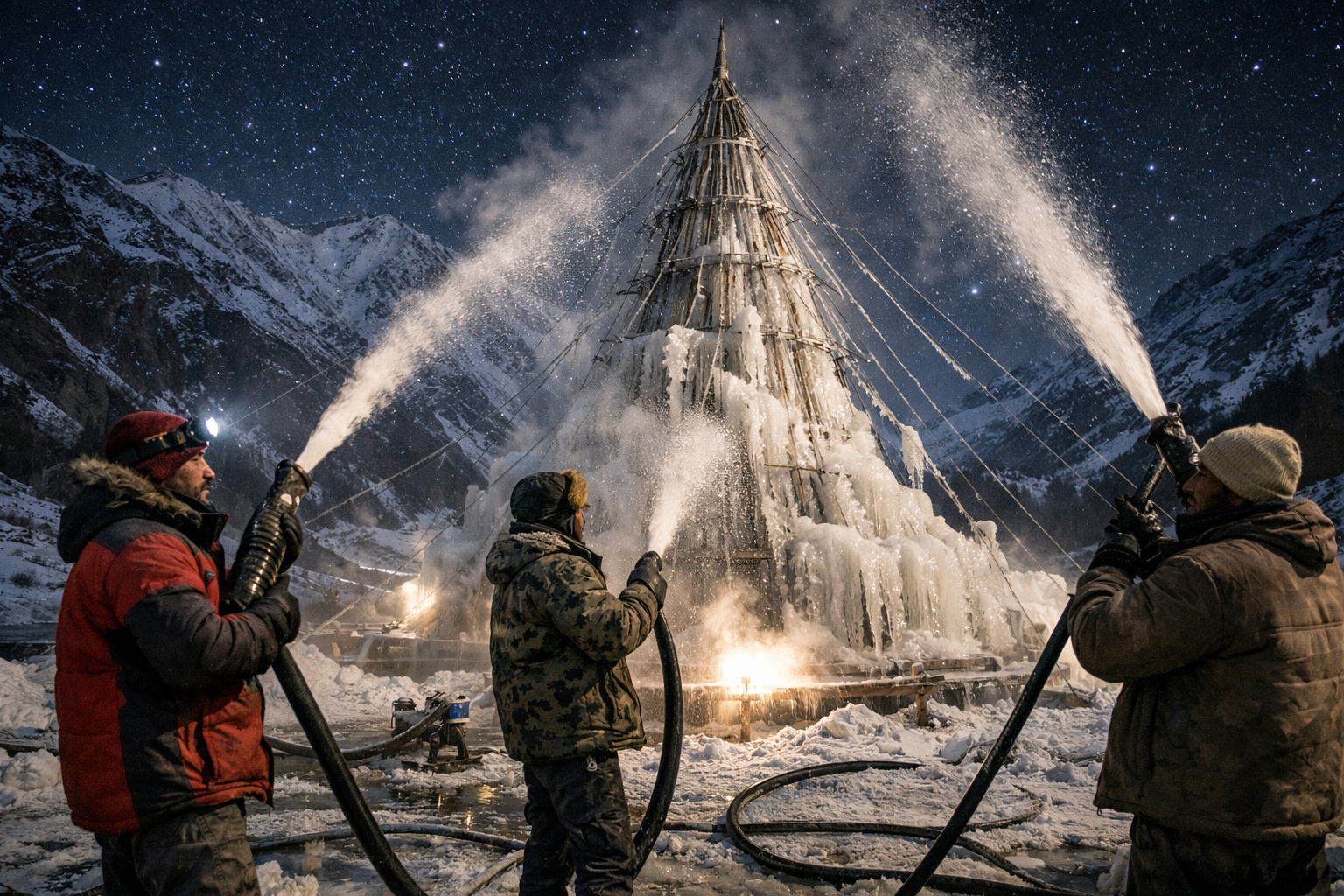 homens criando geleira artificial em Ladakh no inverno