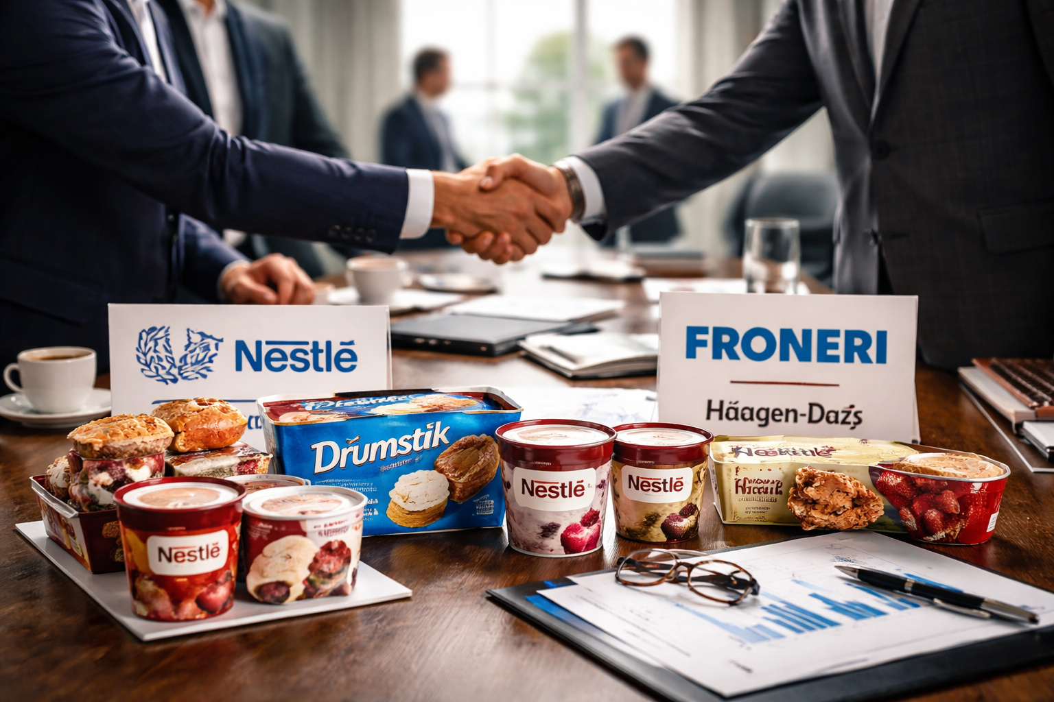 Executivos apertam as mãos em reunião corporativa com potes de sorvete sobre a mesa, simbolizando negociação da divisão de sorvetes da Nestlé.