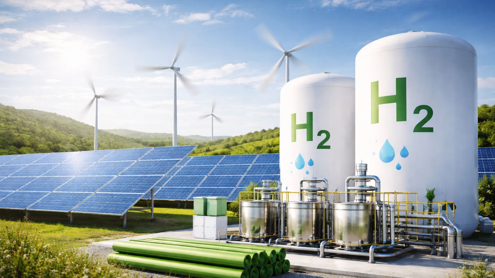 Instalação de hidrogênio verde com tanques de armazenamento, painéis solares e turbinas eólicas em área industrial cercada por vegetação, representando energia limpa e transição energética.