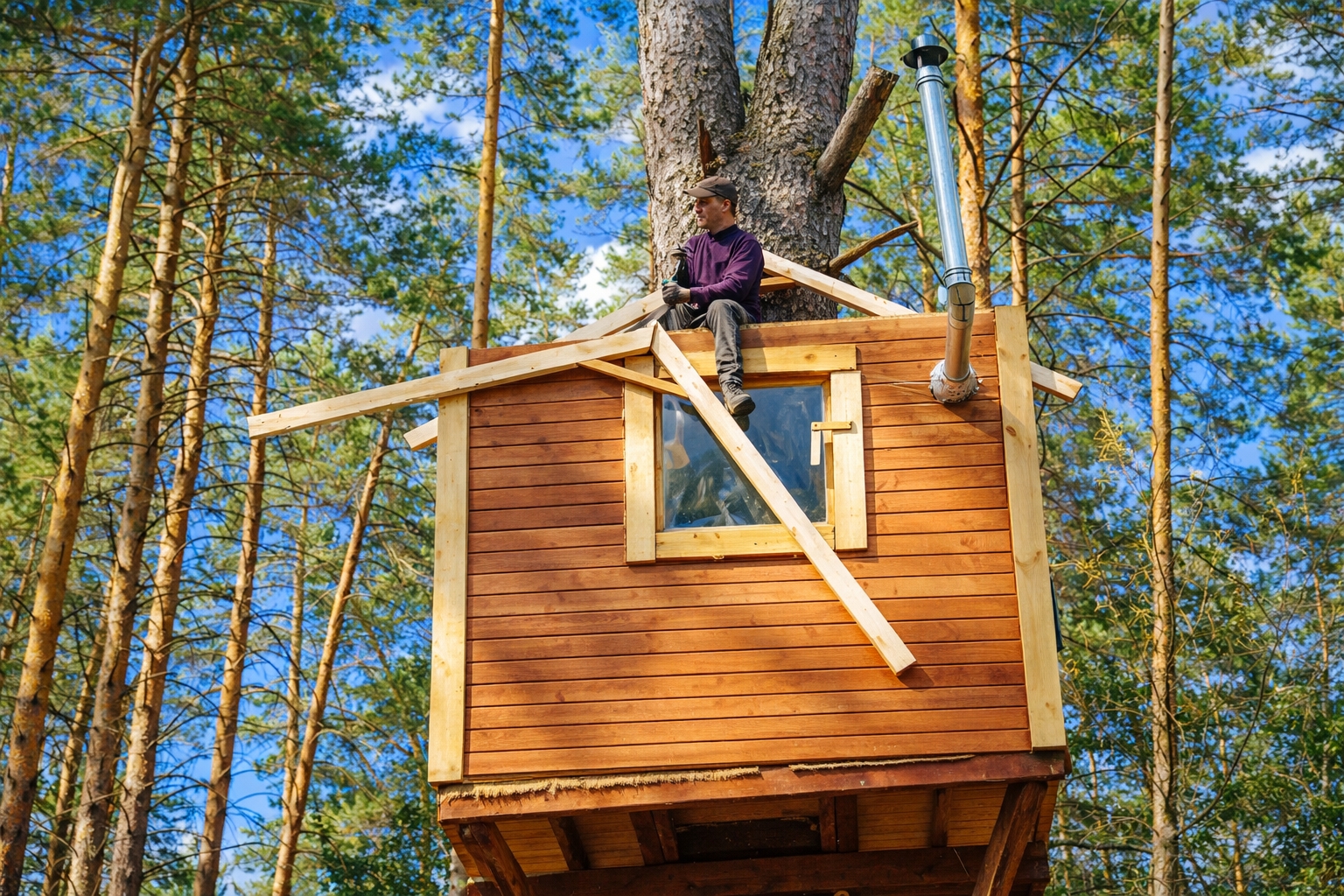 Nem concreto, nem aço, homem talentoso surpreende e mostra o passo a passo da obra de construção de casa na árvore, no meio da mata, utilizando ferramentas portáteis para transformar tronco bruto em vigas, telhados e escadas
