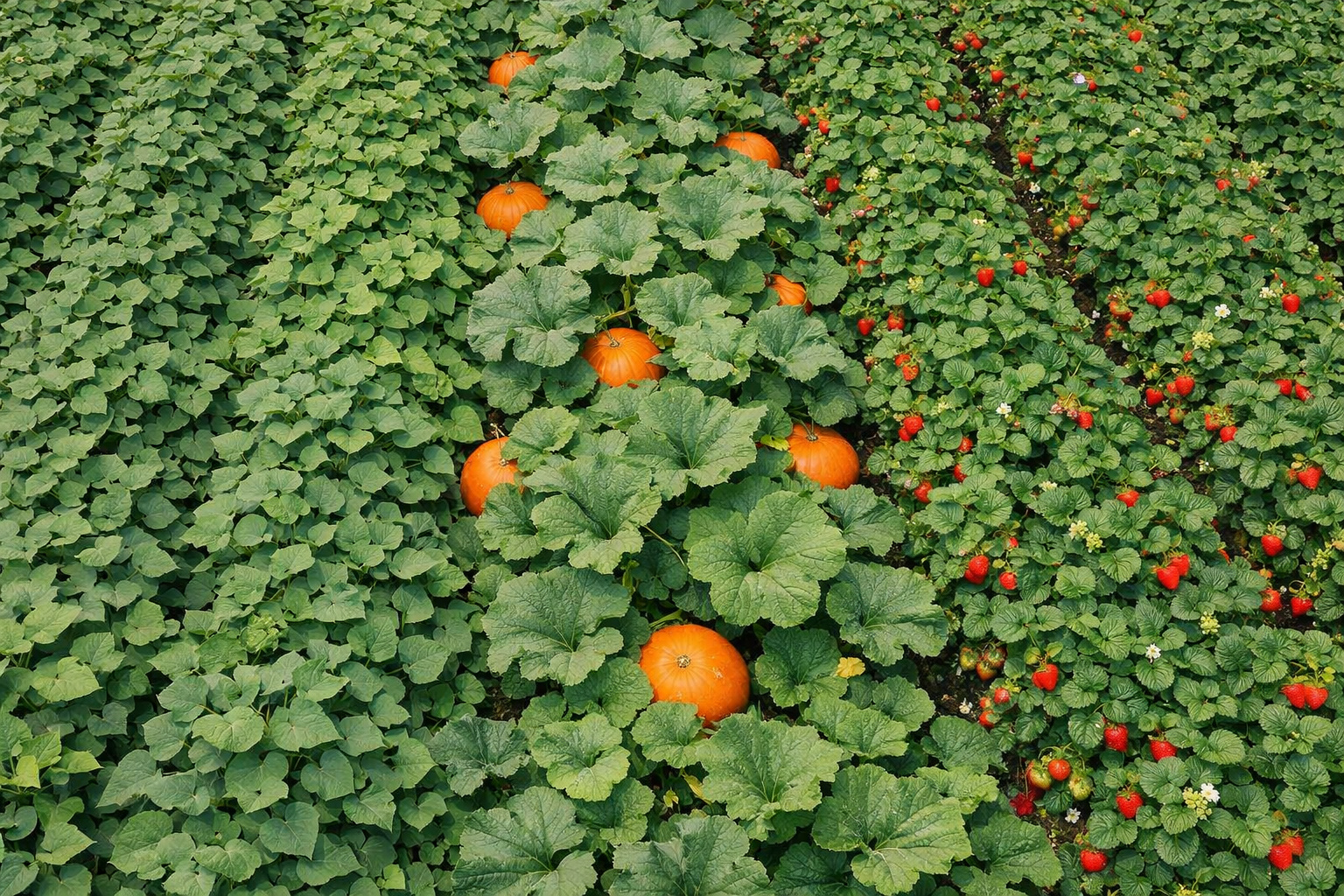 Horta com batata-doce e abóbora cobrindo o solo