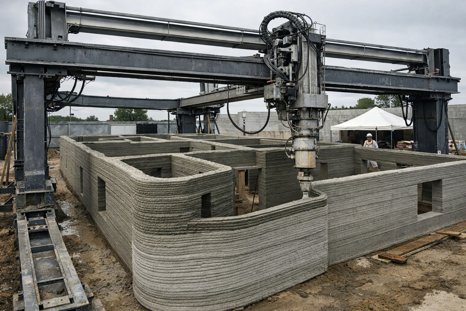 Impressora 3D gigante construindo casa de concreto em poucas horas