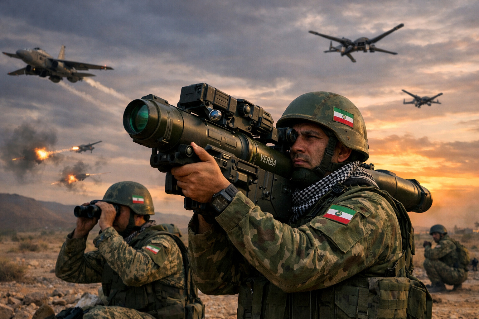Soldado operando míssil portátil Verba em cenário de defesa aérea iraniana.