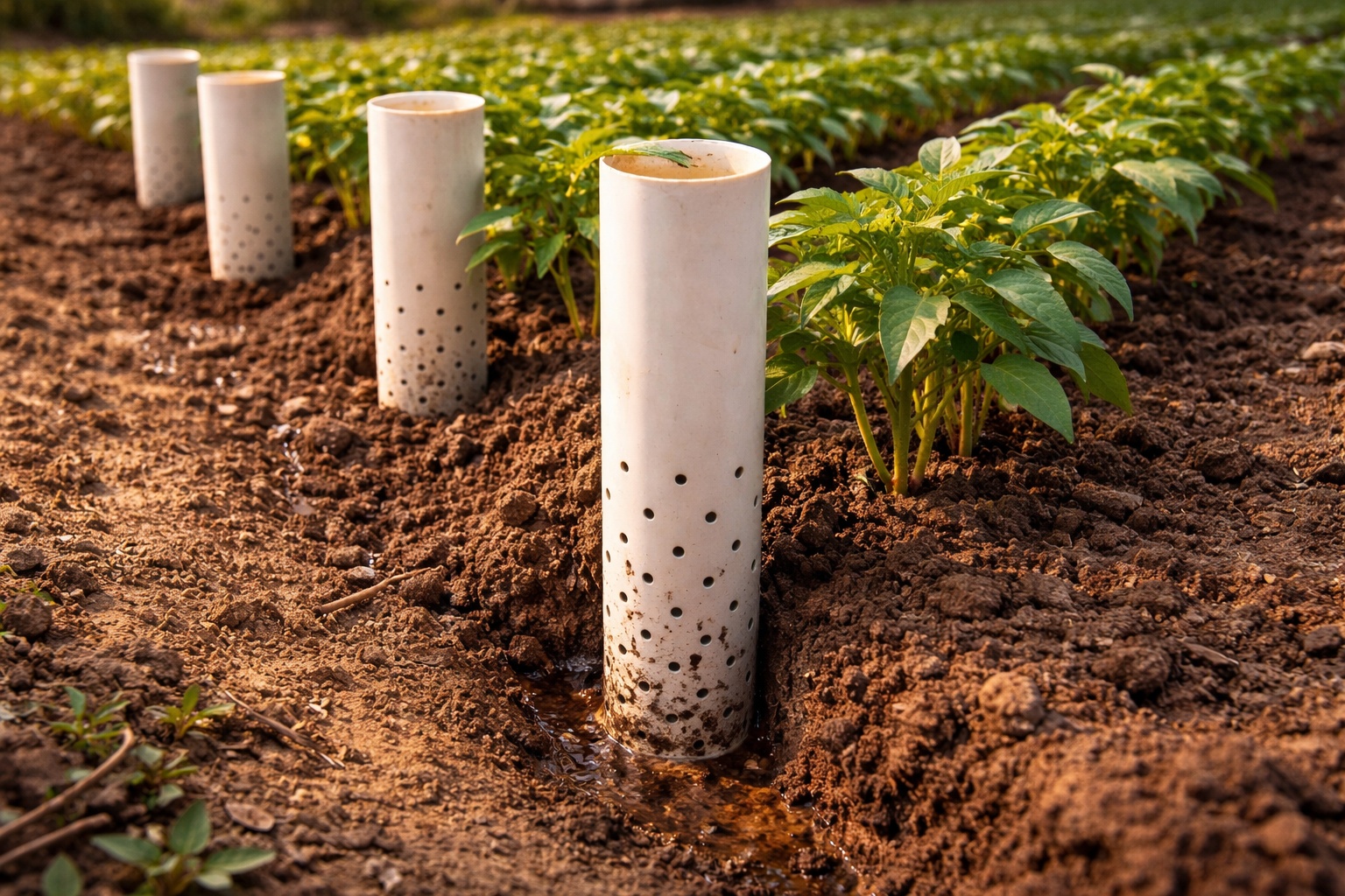 Produtores rurais começaram a enterrar canos de PVC perfurados ao lado das plantas, criaram sistema de irrigação subterrânea de baixo custo que leva água direto às raízes e reduz o consumo mesmo nos períodos mais secos