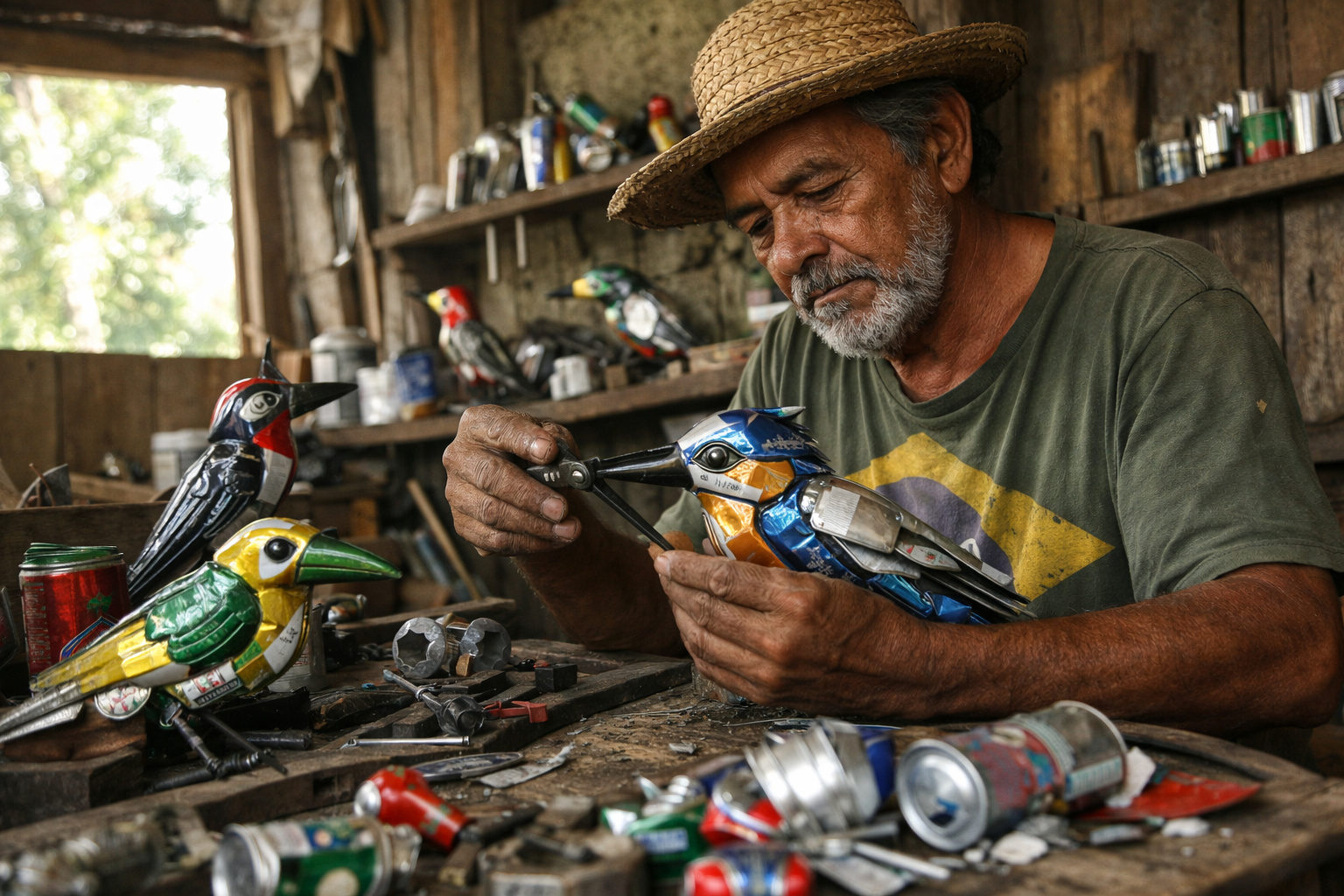 Joca dos Galos cria esculturas com latas recicladas