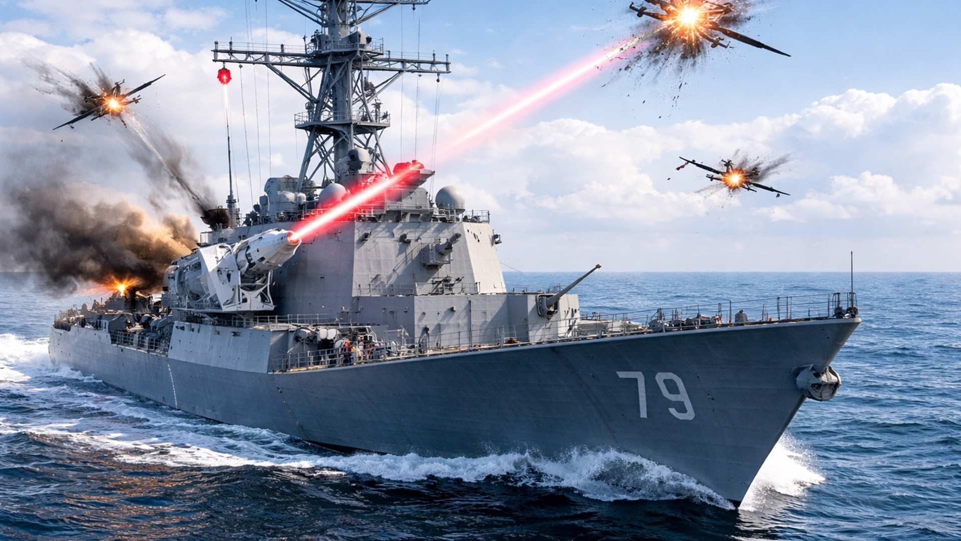 Teste em 2025 mostra destróier dos EUA usando laser HELIOS para derrubar quatro drones no mar e avançar na defesa naval.