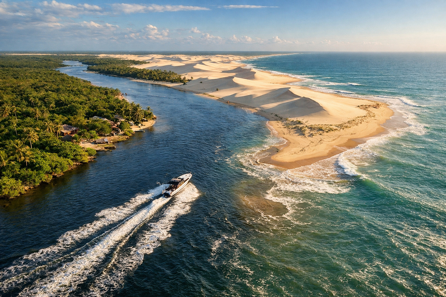 Lagoas azuis entre dunas brancas nos Lençóis Maranhenses