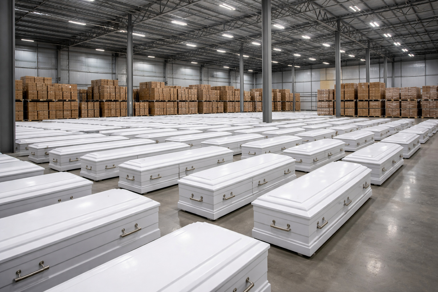 Caixões funerários brancos organizados em galpão logístico institucional.