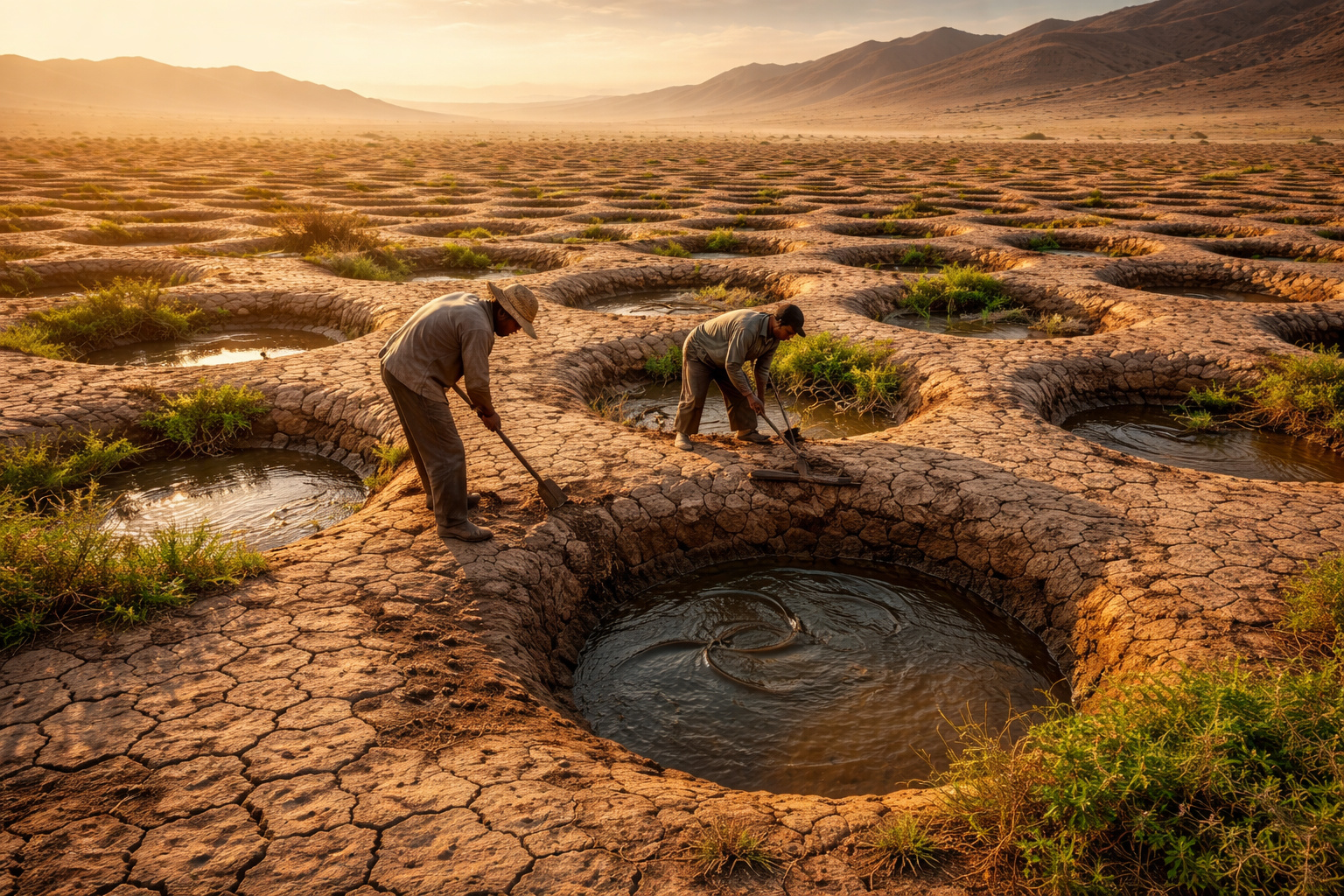 Meias-luas escavadas no deserto do Saara com vegetação verde crescendo no Níger.