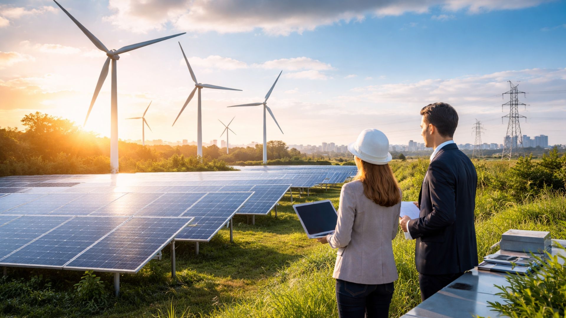 Parque de energia renovável com painéis solares e turbinas eólicas enquanto dois profissionais analisam dados de geração elétrica ao pôr do sol.
