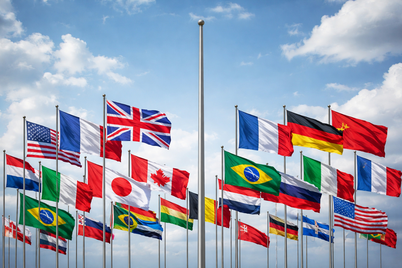 Conjunto de bandeiras nacionais de vários países ao redor de um mastro central vazio, representando a ausência de bandeira oficial em algumas nações e territórios.