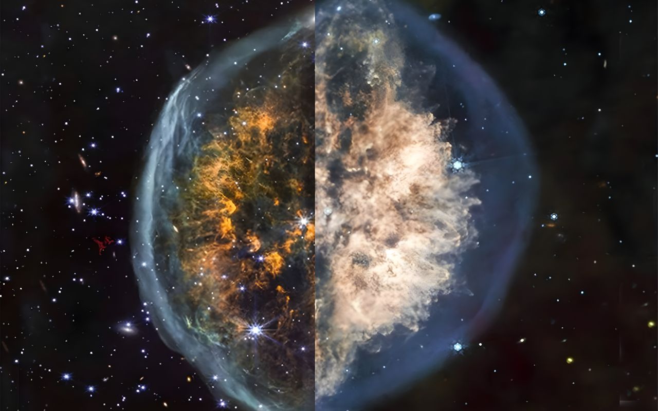 O Telescópio Espacial James Webb, da NASA, revela detalhes inéditos da Nebulosa do Crânio, incluindo camadas internas e jatos de gás. As imagens mostram regiões quentes e frias da nuvem de poeira e gás, oferecendo novas perspectivas sobre a evolução da estrela central.