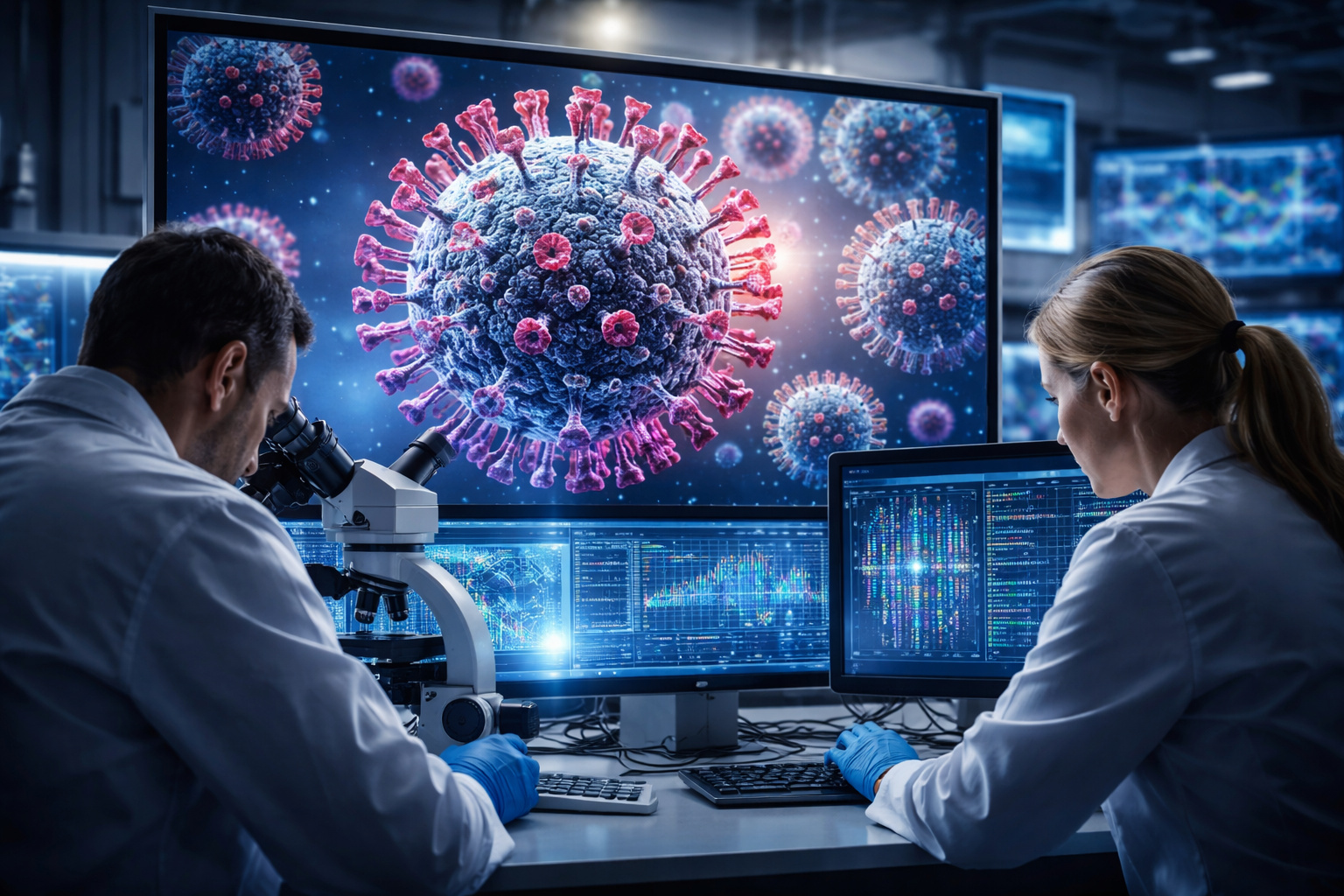 Cientistas analisam variante recombinante da Mpox em laboratório com sequenciamento genômico exibido em monitores e microscópio em destaque.