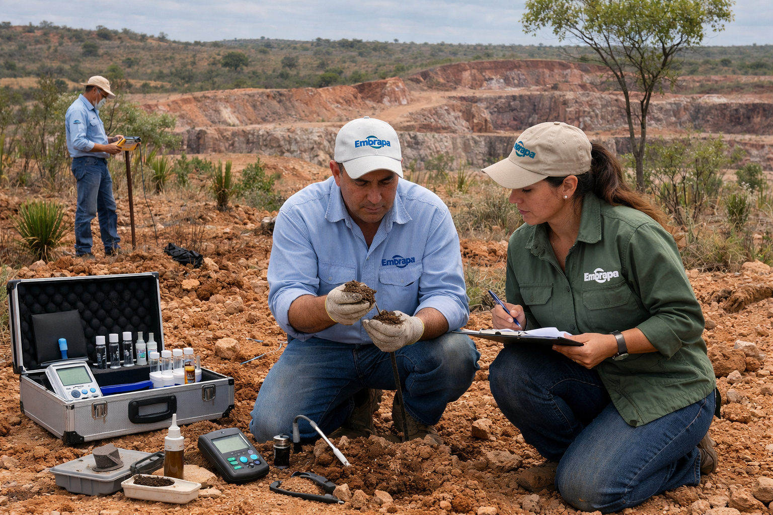 pesquisadores analisando solo em área minerada no Cerrado