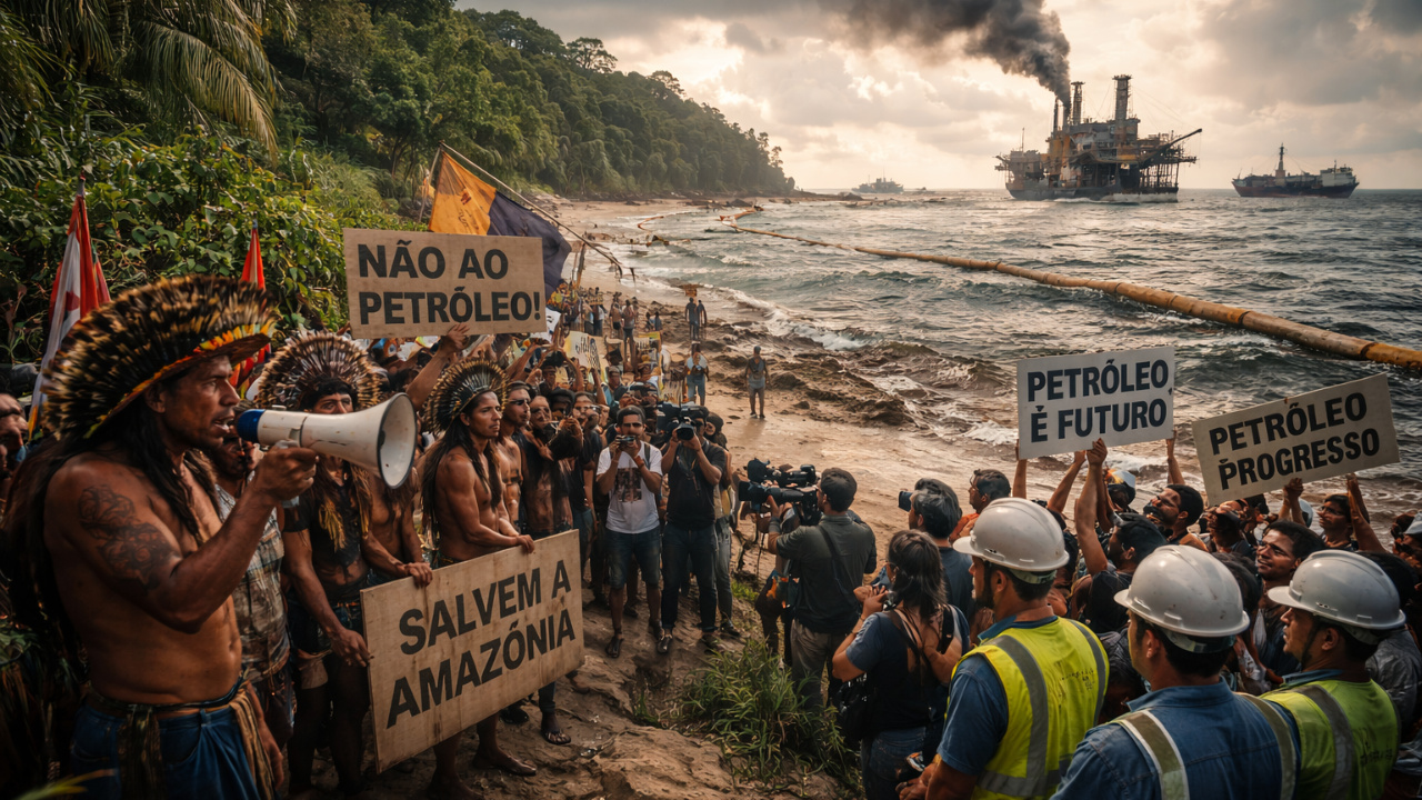 Exploração de petróleo na Foz do Amazonas enfrenta críticas de lideranças indígenas, ação do MPF e questionamentos ambientais após vazamento e multa à Petrobras.
