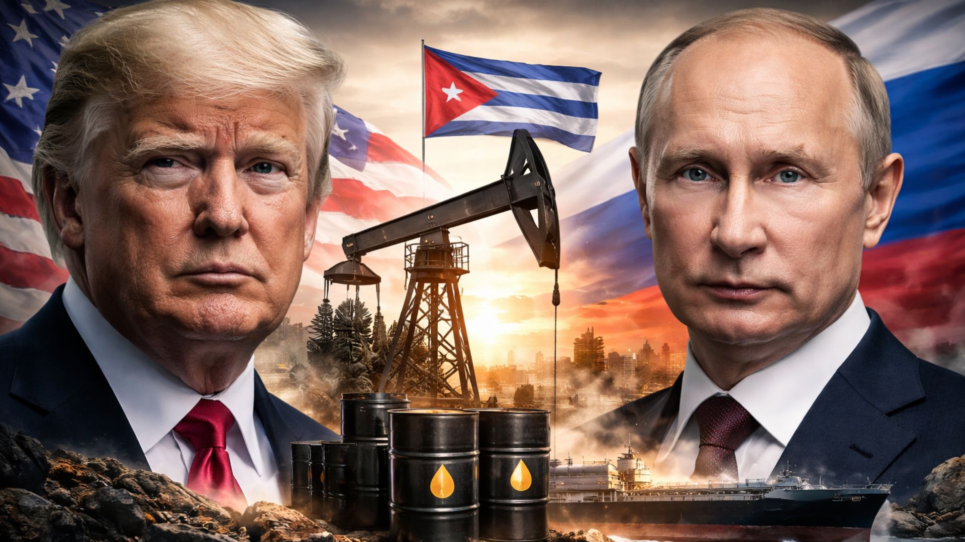 Donald Trump e Vladimir Putin frente a frente com bandeiras dos EUA, Rússia e Cuba ao fundo, barris de petróleo e bomba de extração simbolizando disputa geopolítica energética.