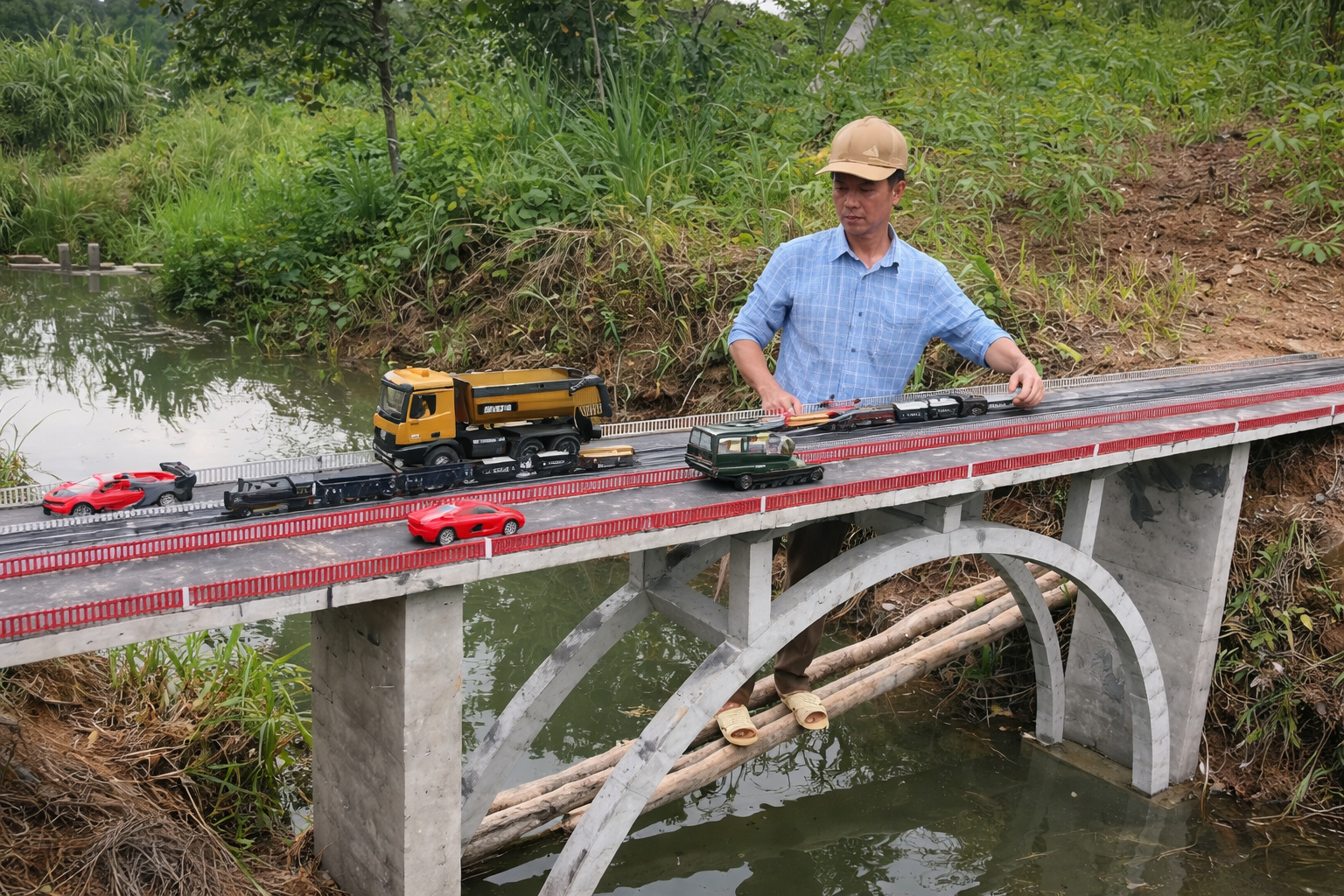 ponte em miniatura sobre riacho com fundações e arco estrutural inspirados na engenharia civil