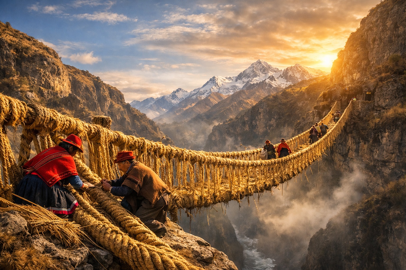 Pontes de capim: técnica inca de construir pontes suspensas trançando fibra vegetal surpreende o mundo com estrutura de 28 metros sem metal ou concreto, reconstruída todos os anos nos Andes