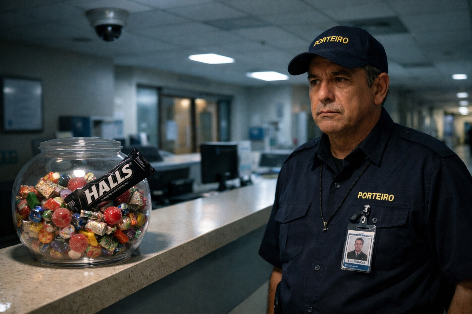 Porteiro em plantão noturno dentro de hospital após decisão do TRT-MG anular justa causa por pegar bala Halls.