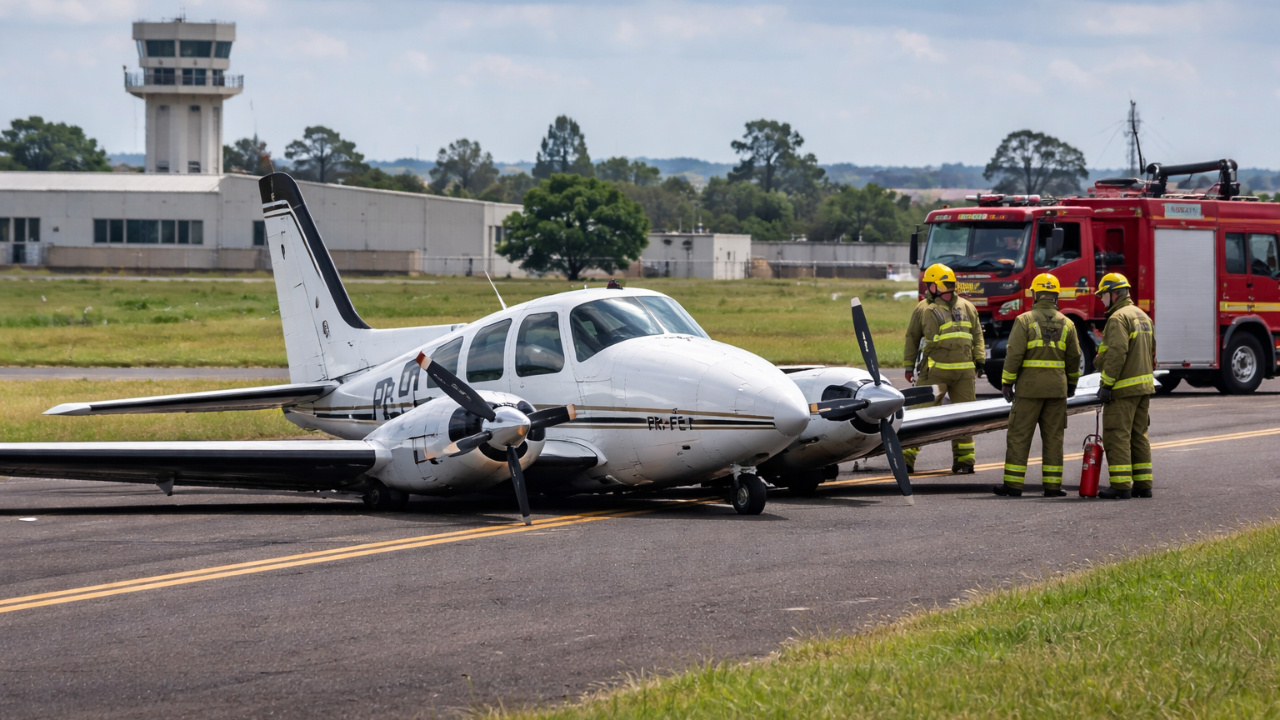 Pouso emergência em Campos Amarais após colisão ave com avião pequeno mobiliza bombeiros; CENIPA investiga e piloto sai ileso.
