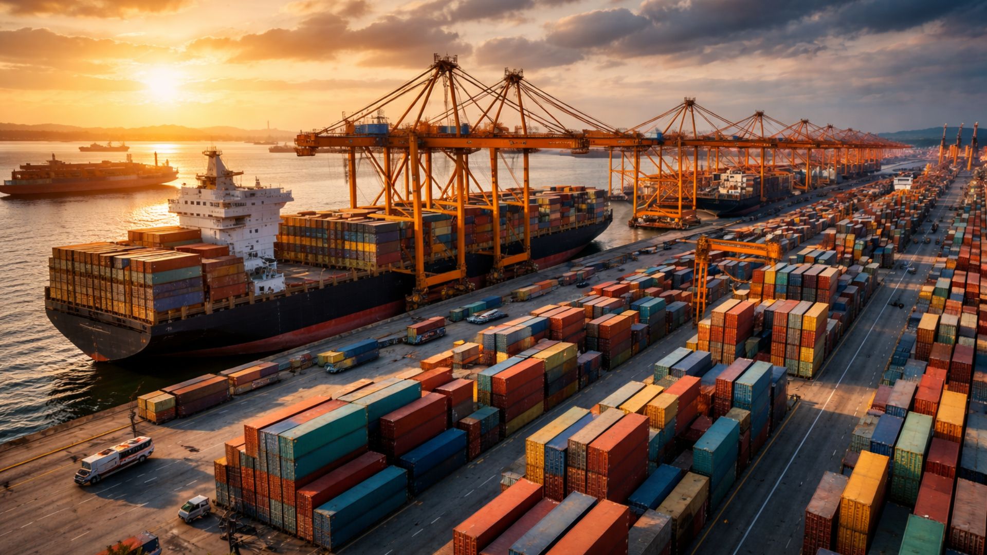 Navio cargueiro atracado em porto com guindastes laranja e pilhas de contêineres ao pôr do sol, representando logística e movimentação portuária no Brasil.