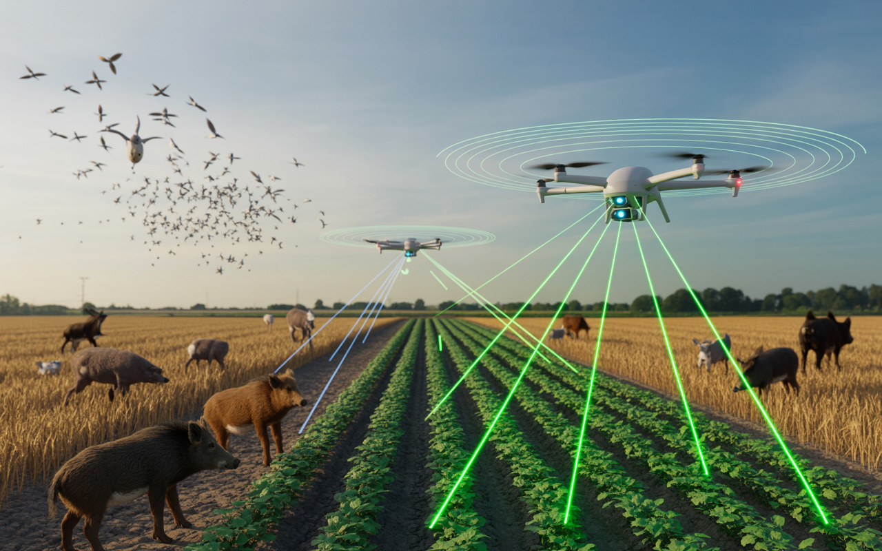 Fazendas passam a usar lasers, drones e barreiras sonoras inteligentes para afastar javalis, veados e aves, reduzir prejuízos milionários e proteger lavouras sem tiros, cercas ou veneno