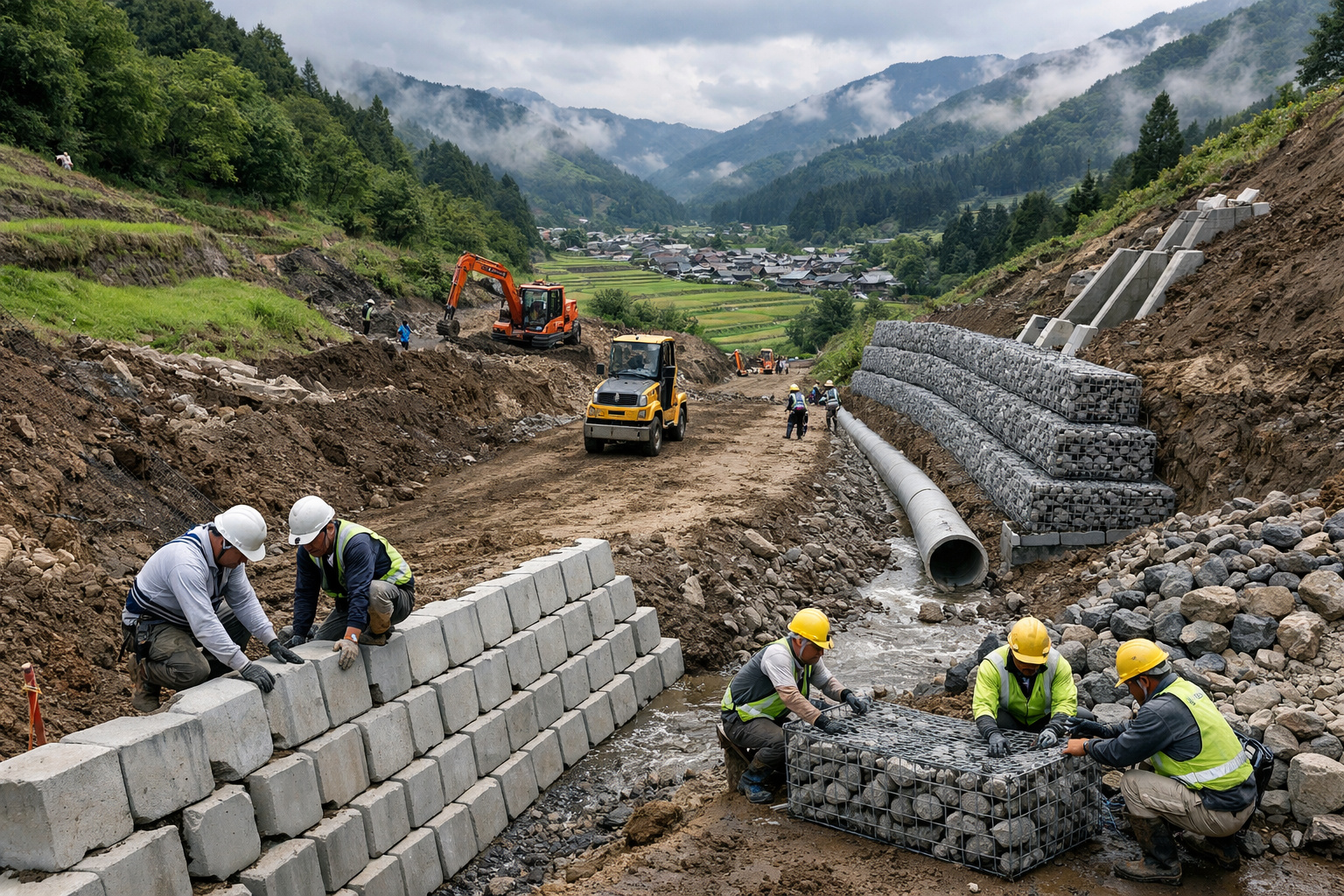 Reconstrução agrícola no Japão com engenharia de contenção e drenagem após chuvas extremas.