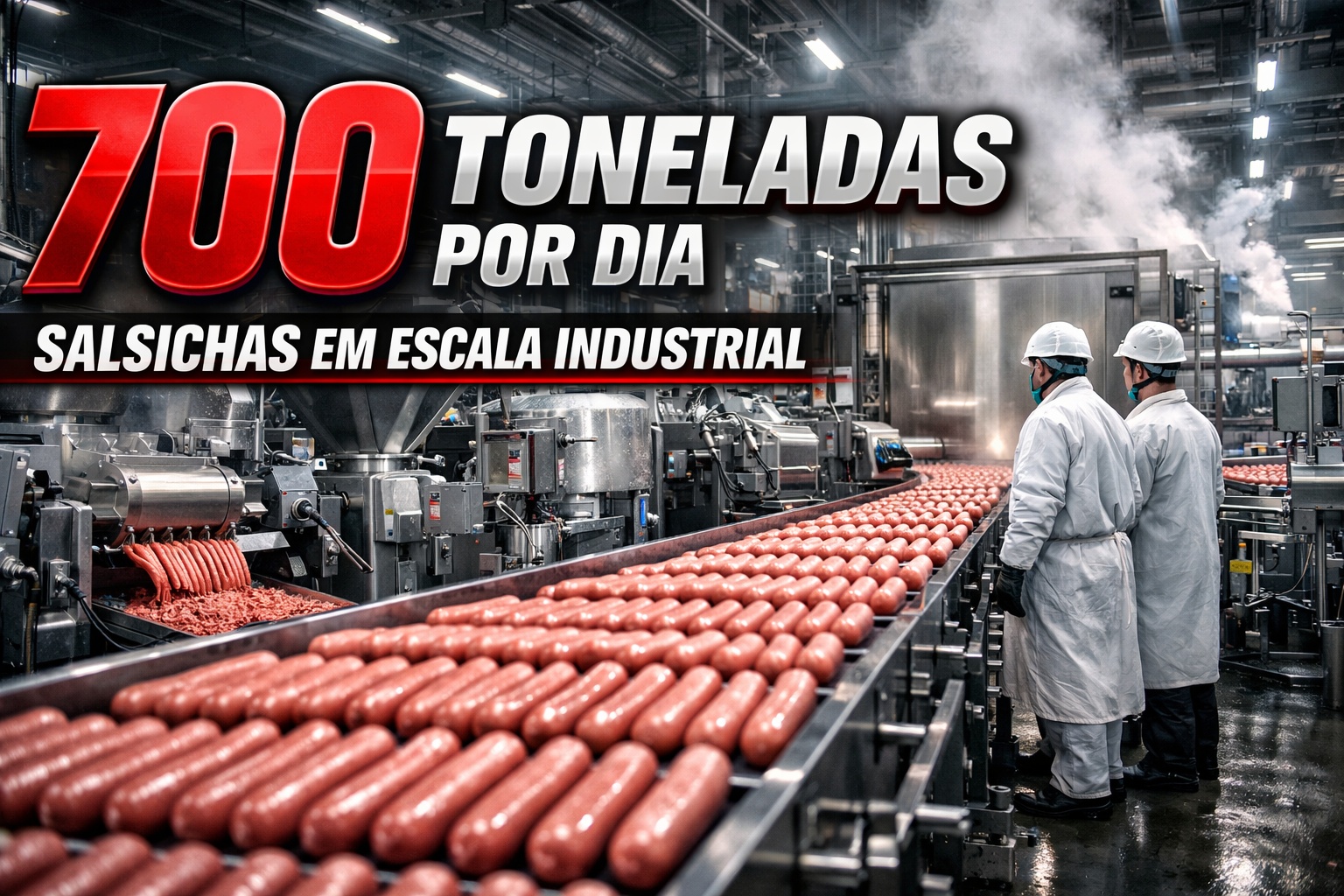 Salsichas produzidas em escala industrial: com mais de 700 toneladas diárias de carne processada e linhas automatizadas de emulsificação, enchimento contínuo e pasteurização, o Tönnies Group transformou a Alemanha em potência global na fabricação padronizada de embutidos
