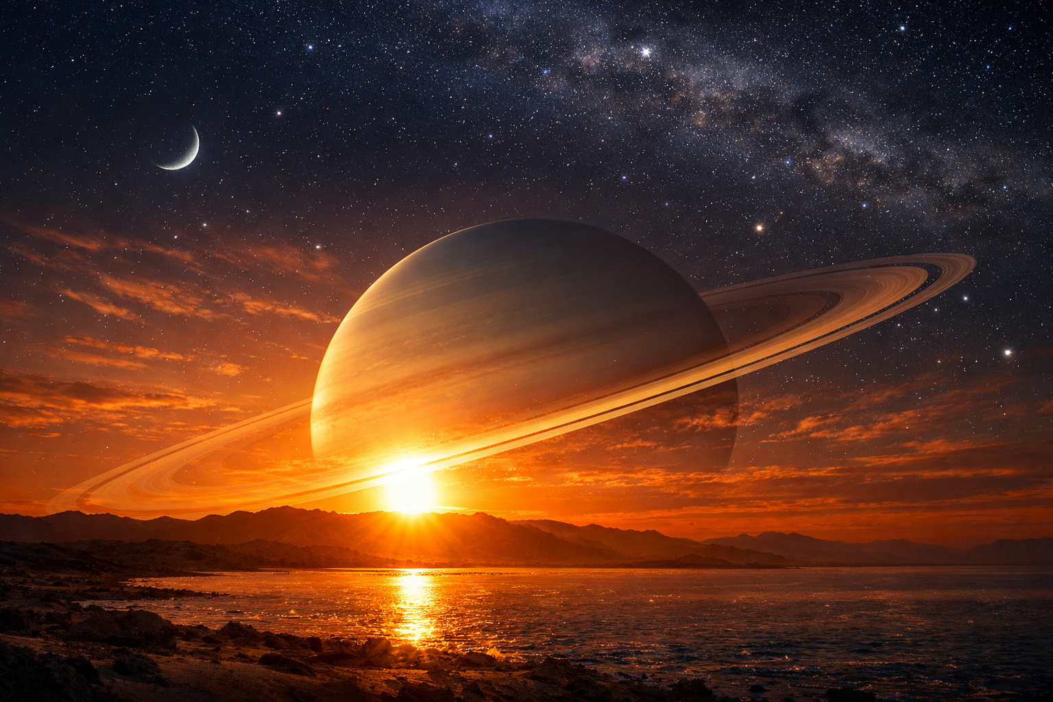 Saturno desaparecendo no céu da tarde em fevereiro durante fenômeno astronômico
