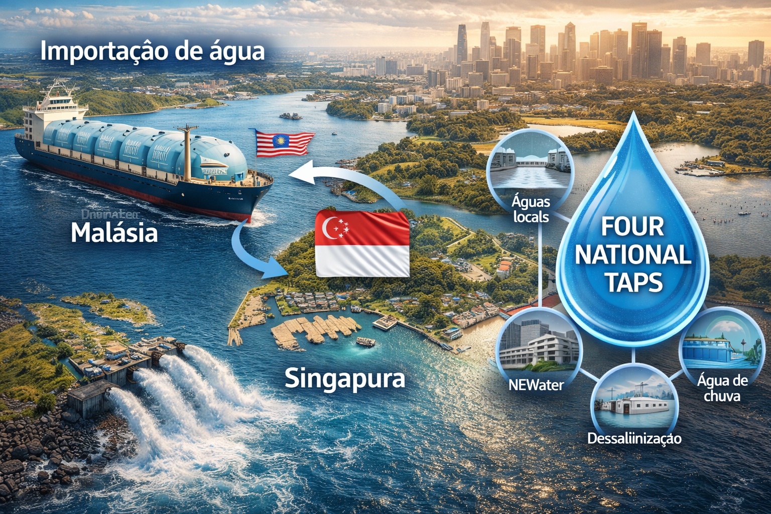 Singapura importa bilhões de litros de água da Malásia, recicla esgoto em padrão potável com tecnologia de membranas avançadas e transforma o NEWater em pilar estratégico que já supre até 40% da demanda nacional, garantindo segurança hídrica em uma das nações mais densas do planeta