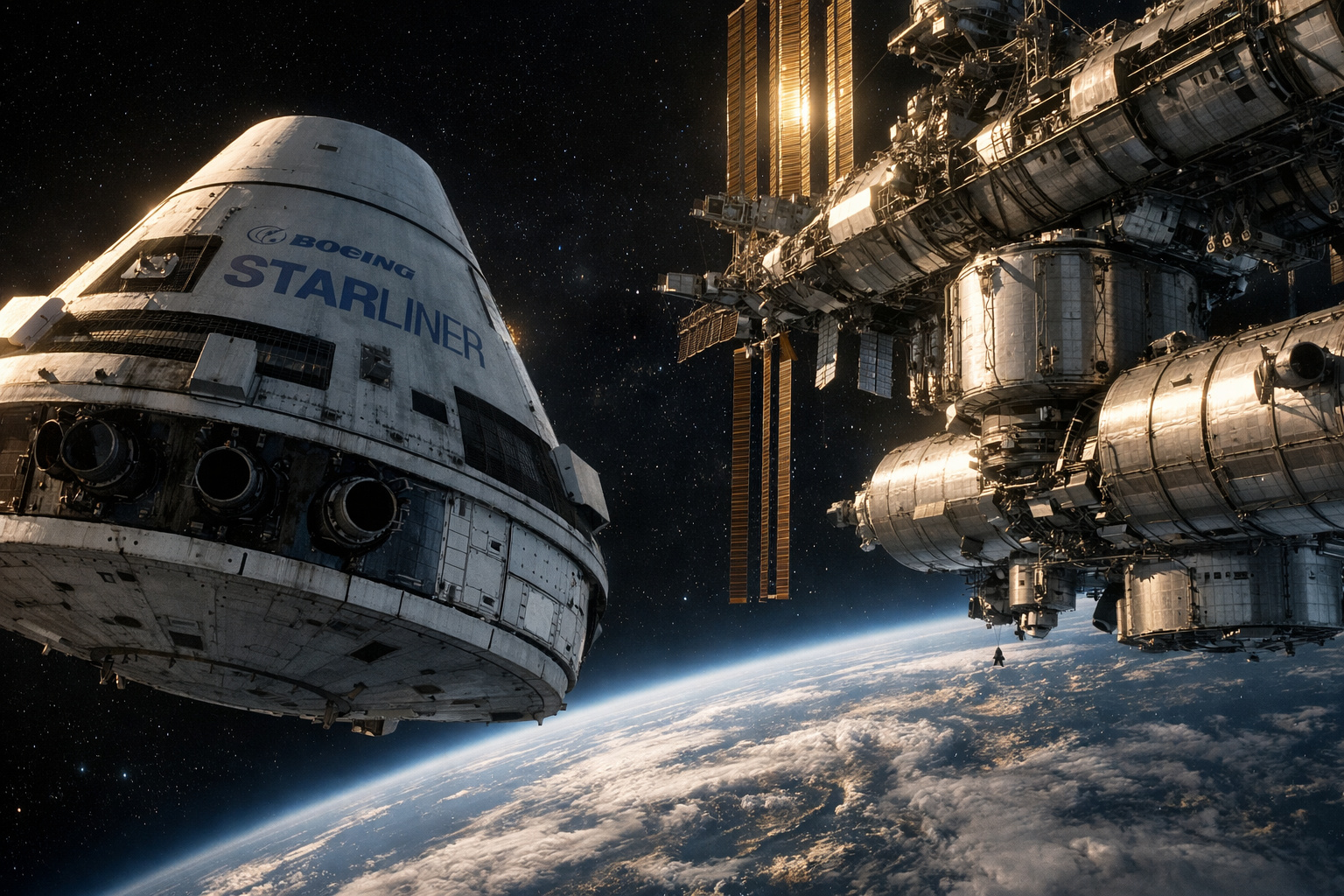 Nave Starliner da Boeing próxima à Estação Espacial Internacional após falhas críticas de propulsão.