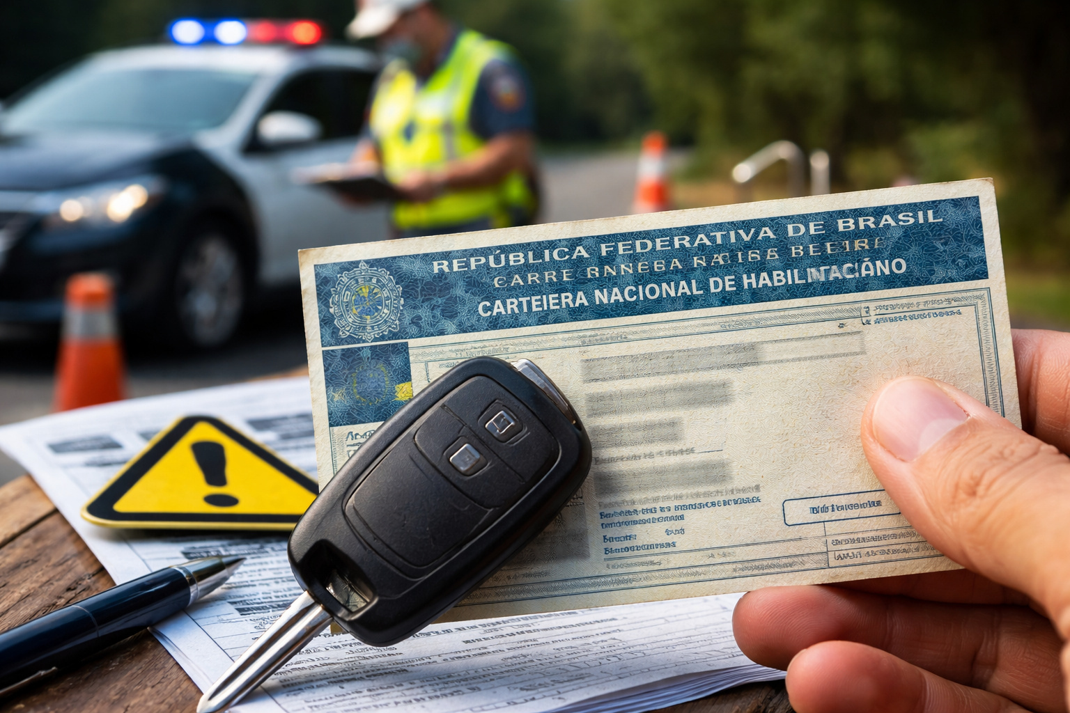 Motorista segurando CNH ao lado de chave de carro enquanto agente de trânsito realiza fiscalização em blitz rodoviária