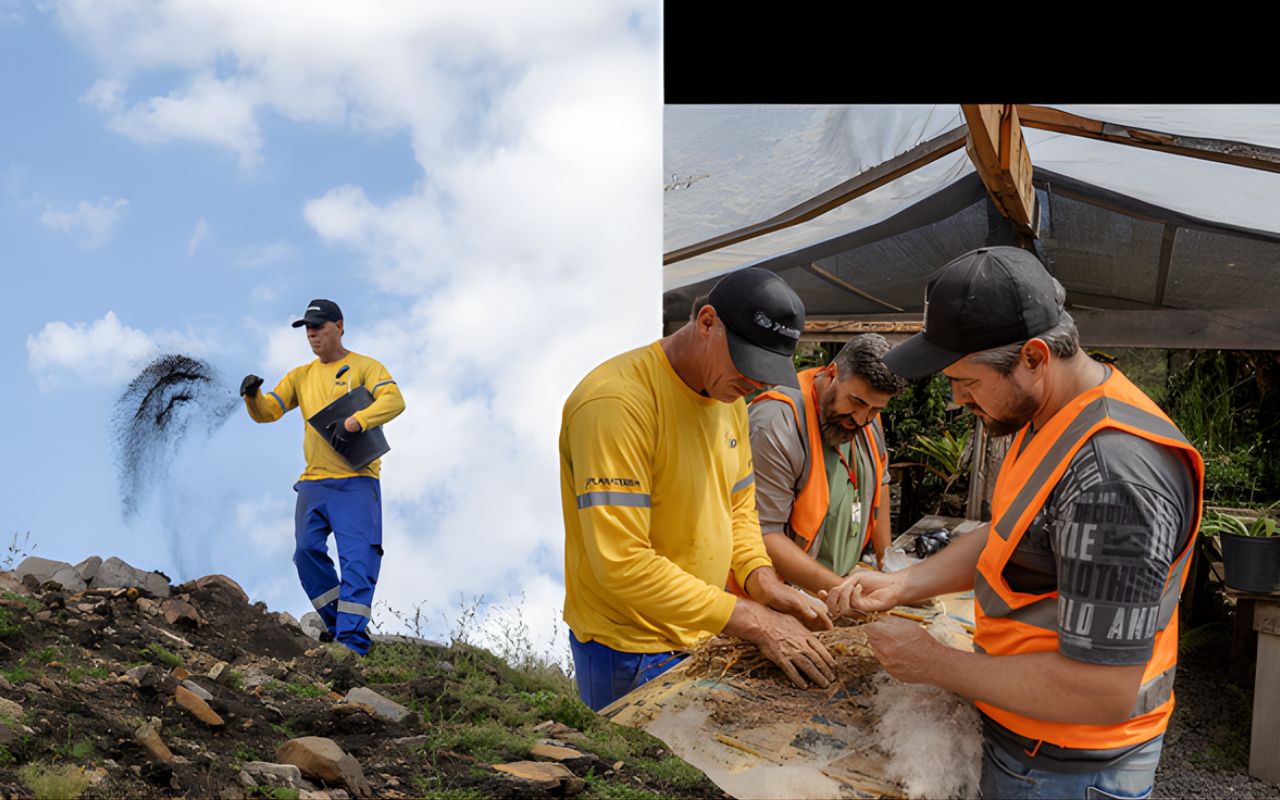O DNIT adota um método inovador com muvuca de sementes no PRAD da BR-285, em São José dos Ausentes (RS), para recompor a vegetação e estimular a regeneração natural.