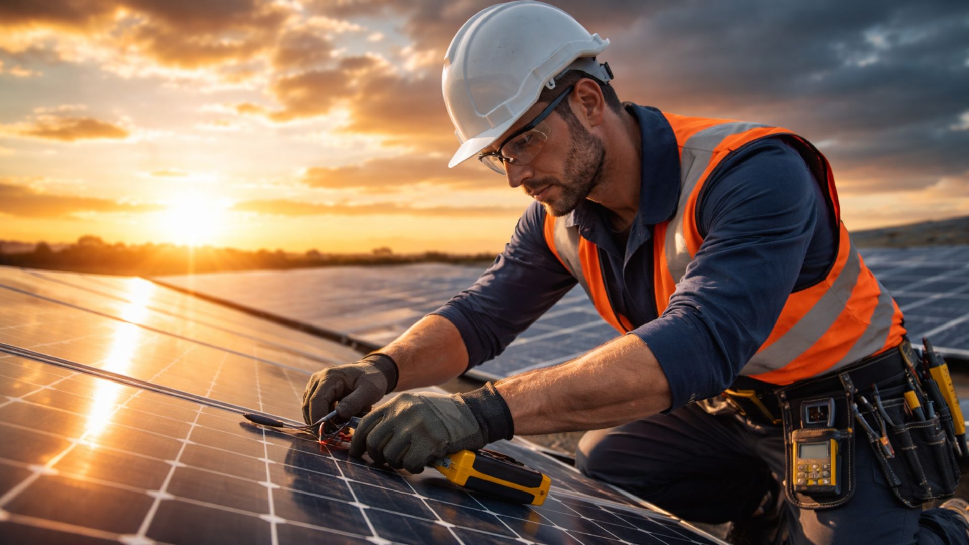 Técnico em energia solar ajustando conexões de painel fotovoltaico ao pôr do sol, usando capacete e equipamentos de proteção em uma usina solar.