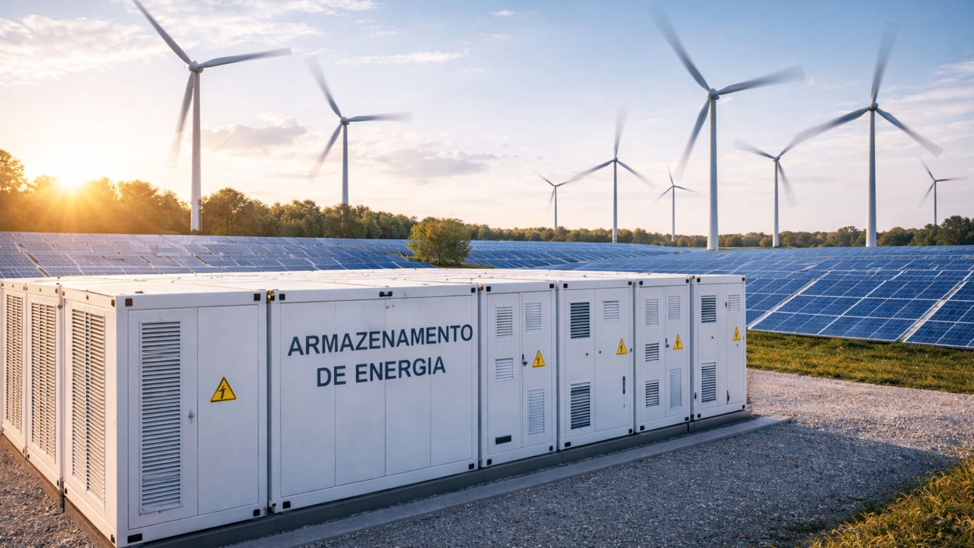 Sistema de armazenamento de energia em baterias (BESS) ao lado de usinas solares e turbinas eólicas em funcionamento durante o pôr do sol.