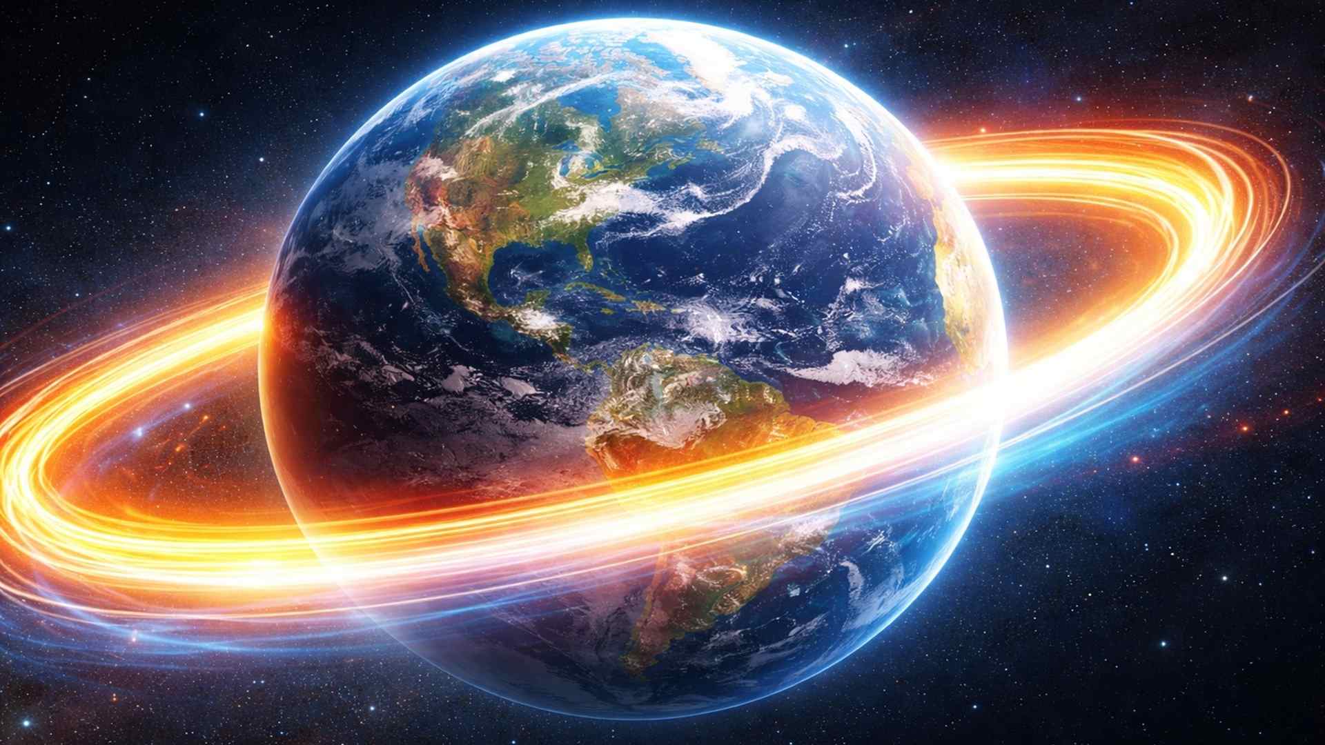 Simulação mostra volta ao mundo em 0,13 s na velocidade da luz e compara com avião e velocidade do som.