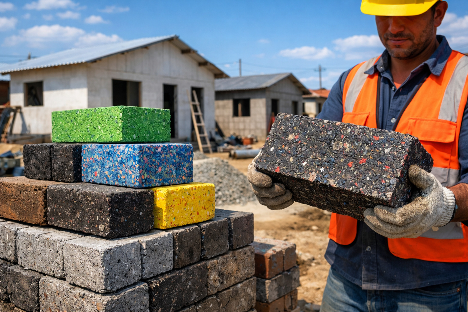 Construções sem tijolo tradicional e quase sem cimento: como blocos feitos com plástico reciclado, cinzas e resíduos industriais estão virando casas populares mais baratas e resistentes em vários países