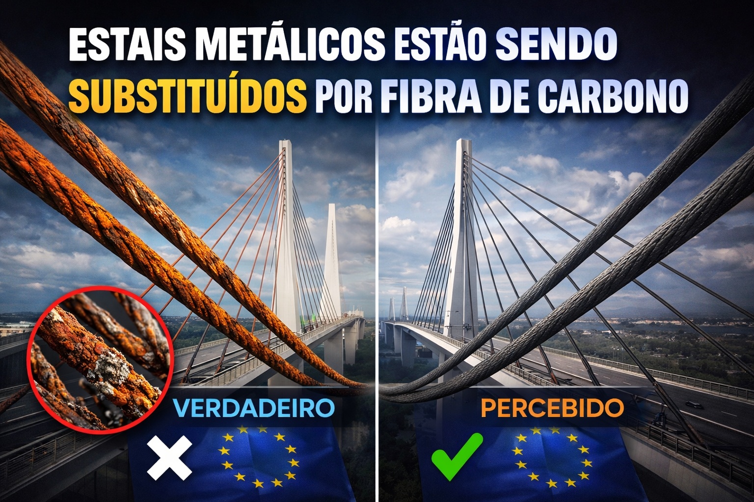 Utilizando cabos de fibra de carbono no lugar do aço para eliminar corrosão, reduzir peso estrutural e ampliar a vida útil, países europeus passaram a aplicar estais não metálicos em pontes, mudando a lógica de durabilidade em obras de grande porte