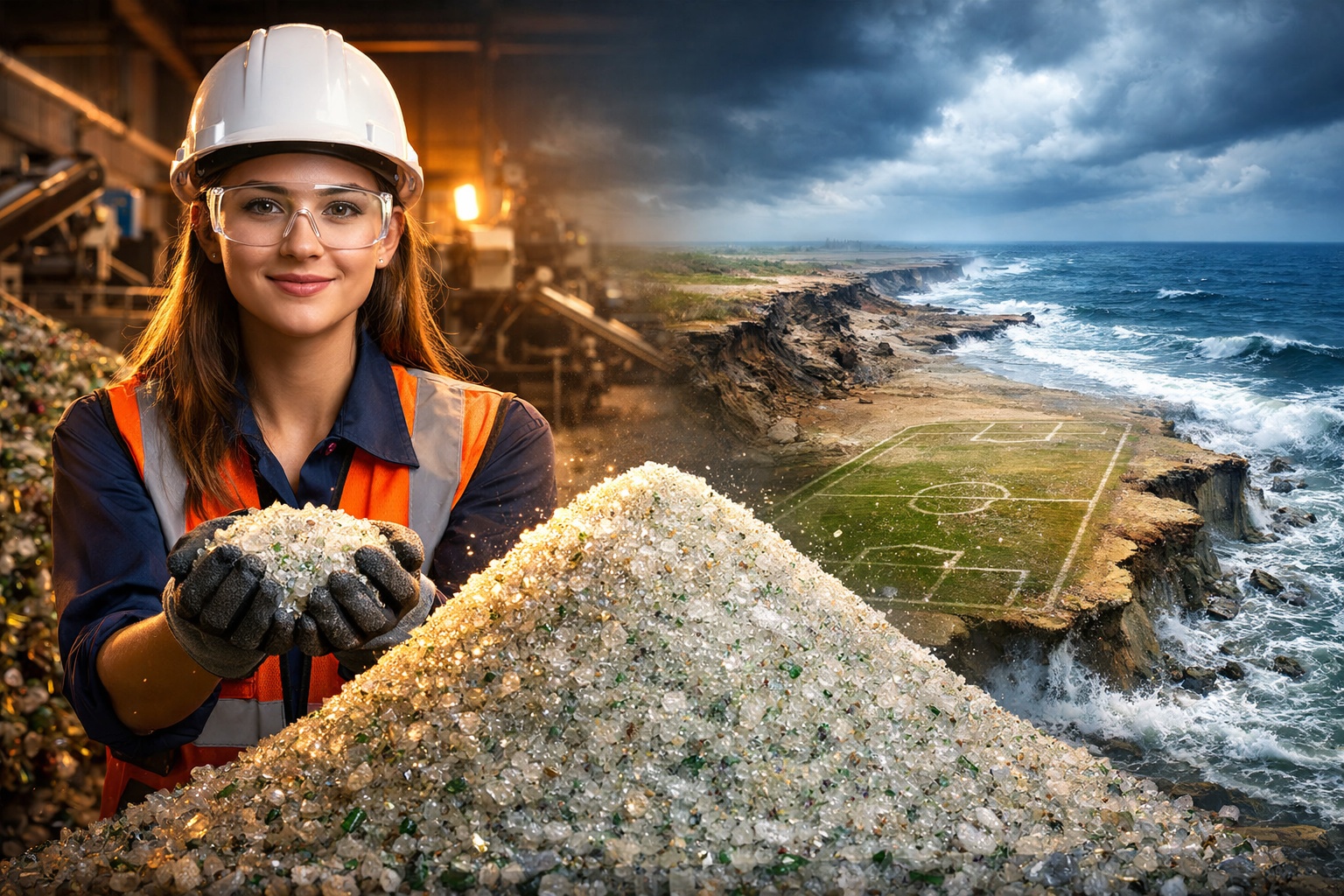 Uma engenheira de 23 anos transformou garrafas descartadas em areia reciclada, processa 45 toneladas de vidro por mês, criou a Glass Half Full e passou a fornecer areia para restaurar a costa da Louisiana, que perde um campo de futebol a cada 100 minutos