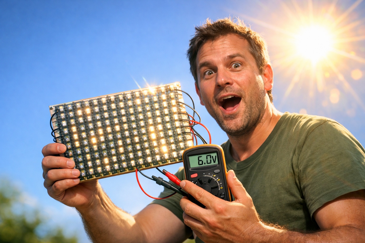Ele descobriu que LEDs comuns podem gerar energia do sol, montou uma placa solar caseira com 200 unidades que alcança cerca de 6 volts e mostrou como transformar componentes simples em um mini painel solar funcional