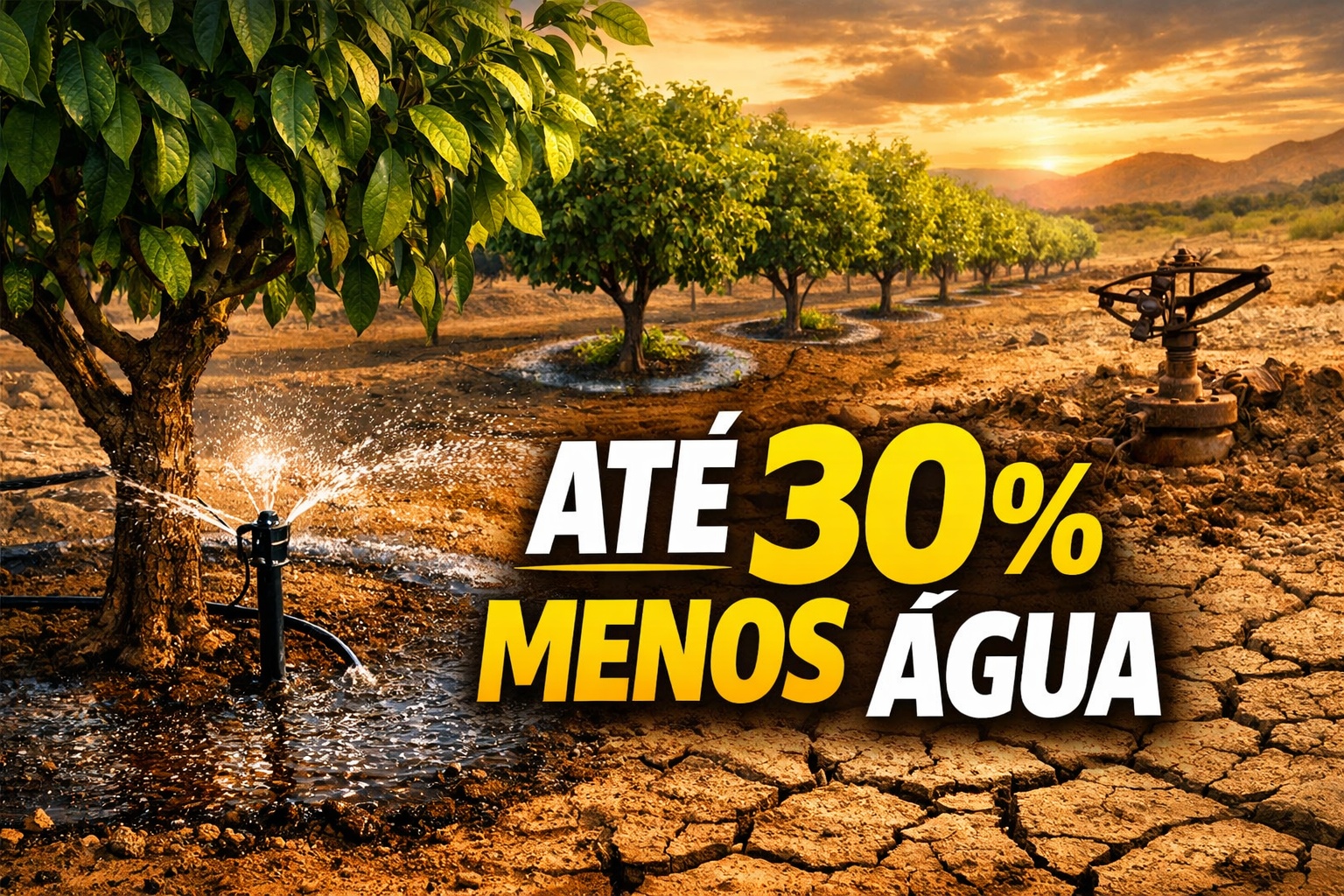 Agricultores substituem aspersores por microaspersão localizada, reduzem o consumo de água em até 30%, concentram irrigação na raiz e tornam pomares mais eficientes em regiões sob escassez hídrica