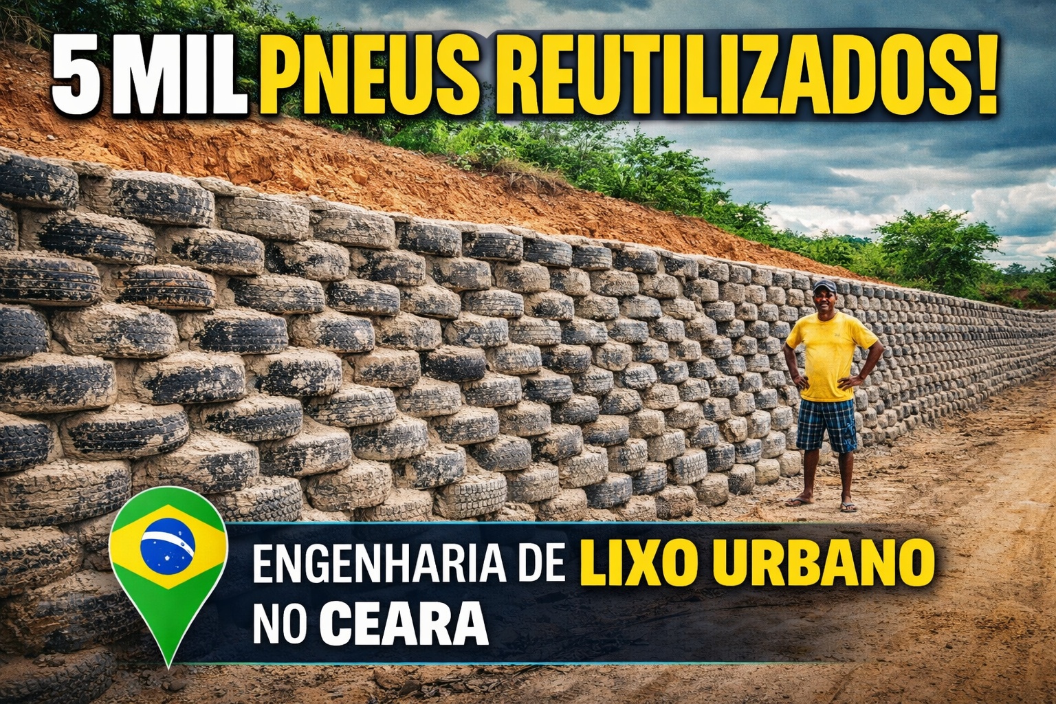 Um morador reaproveitou cerca de 5 mil pneus descartados, empilhou e reforçou com cimento para erguer um muro de contenção no Ceará, transformando lixo urbano em engenharia pesada